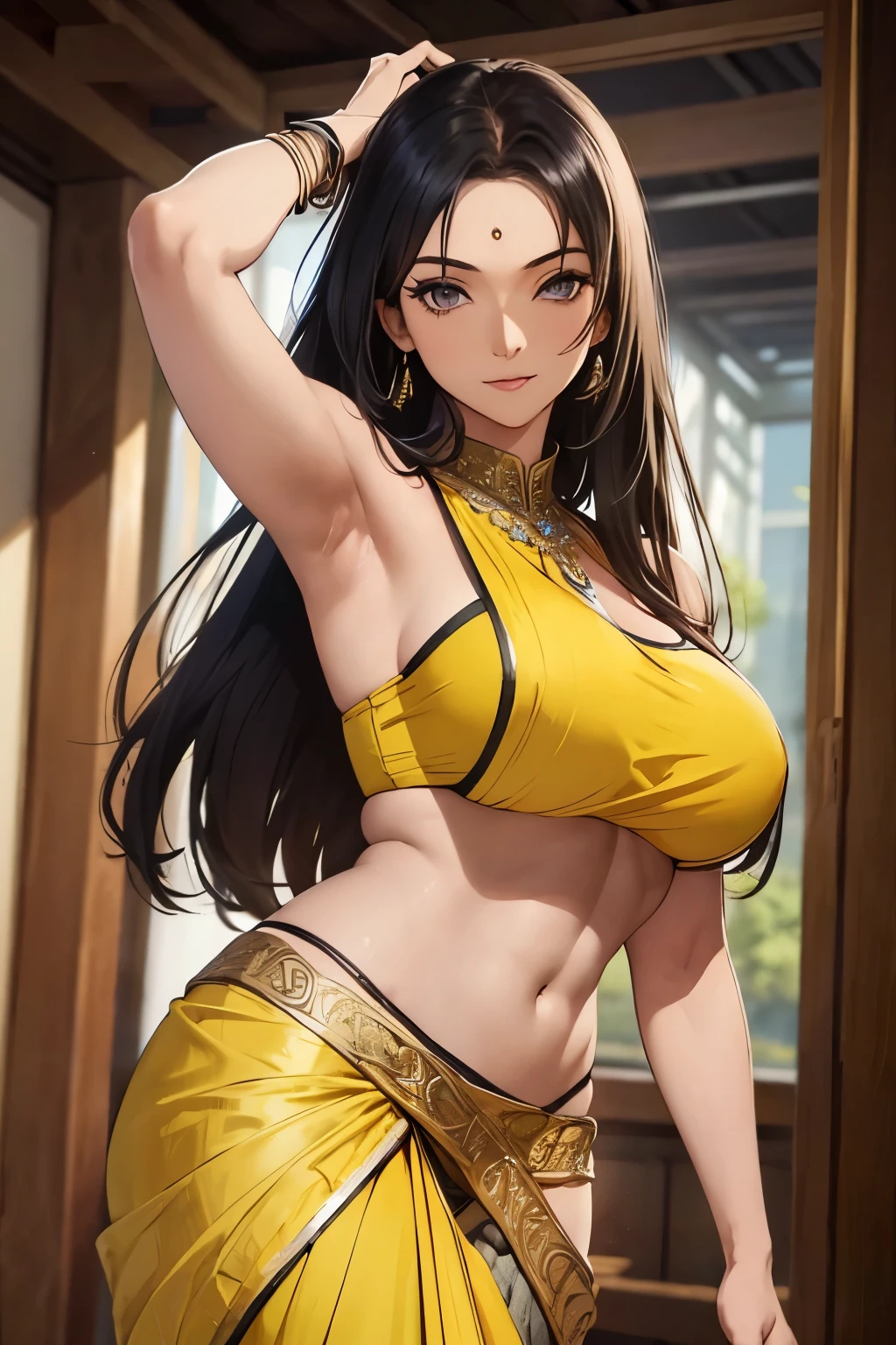 (masterpiece, best quality, detailed illustration, high resolution), ((1girl, solo)), ((huge breasts, slim waist, long legs, fit body, toned body)), ((black hair)), ((yellow saree)), ((full body, closeup view)), ((standing)), ((looking at the viewer, facing the viewer)), office setting, ((tan skin, tanned skin)), ((oiled skin)), ((large breasts, mature woman, mature female, mature lady)), ((indian woman)), ((straight hair)), (detailed eyes), ((standing)), ((muscular body, abs)), ((warrior girl)), ((big breasts, mature girl))