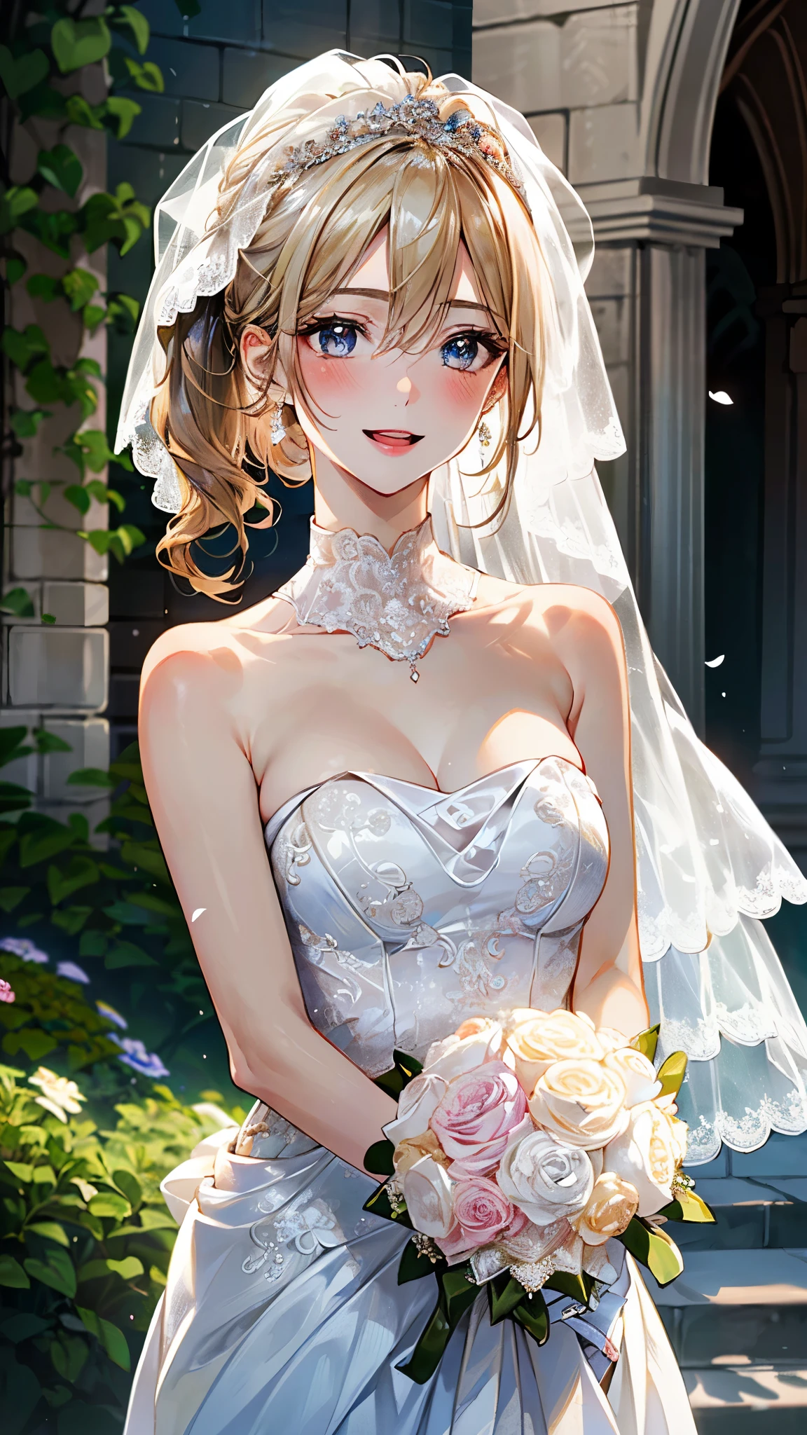 アニメの花嫁が、ベールと花のついた結婚式のドレスを着ている - SeaArt AI