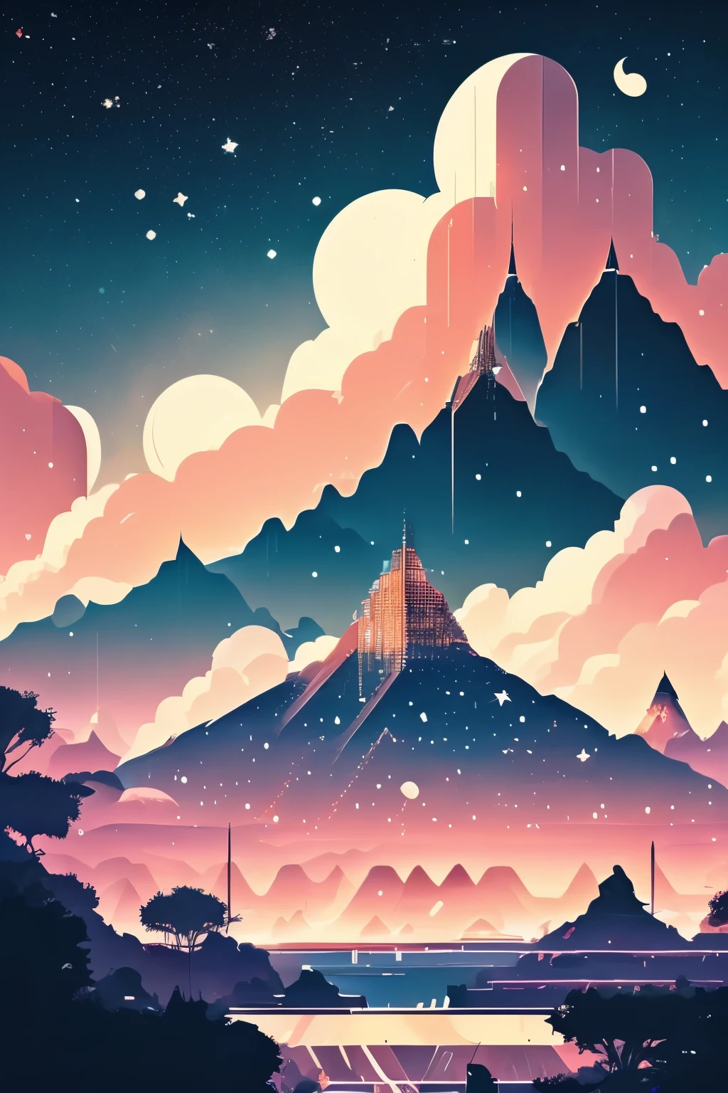 ((forest and mountain and starry sky with trip shape cloud)), space elevator, civilization, hi - tech building, Sci - fi movie,
(high contrast), (vector artwork), 2D flash game, (clean color), (clear boundaries), (bright colororning or dusk sky),
(explicit), (extreme sharp focusasterpiece)), (best quality), (extreme details), fine art, silhouette, tidy style,
(Kurzgesagt style), by Kurzgesagt, (by Hiroshi Yoshida), (by Hasui Kawase), by Atey Ghailan, by Ismail Inceoglu