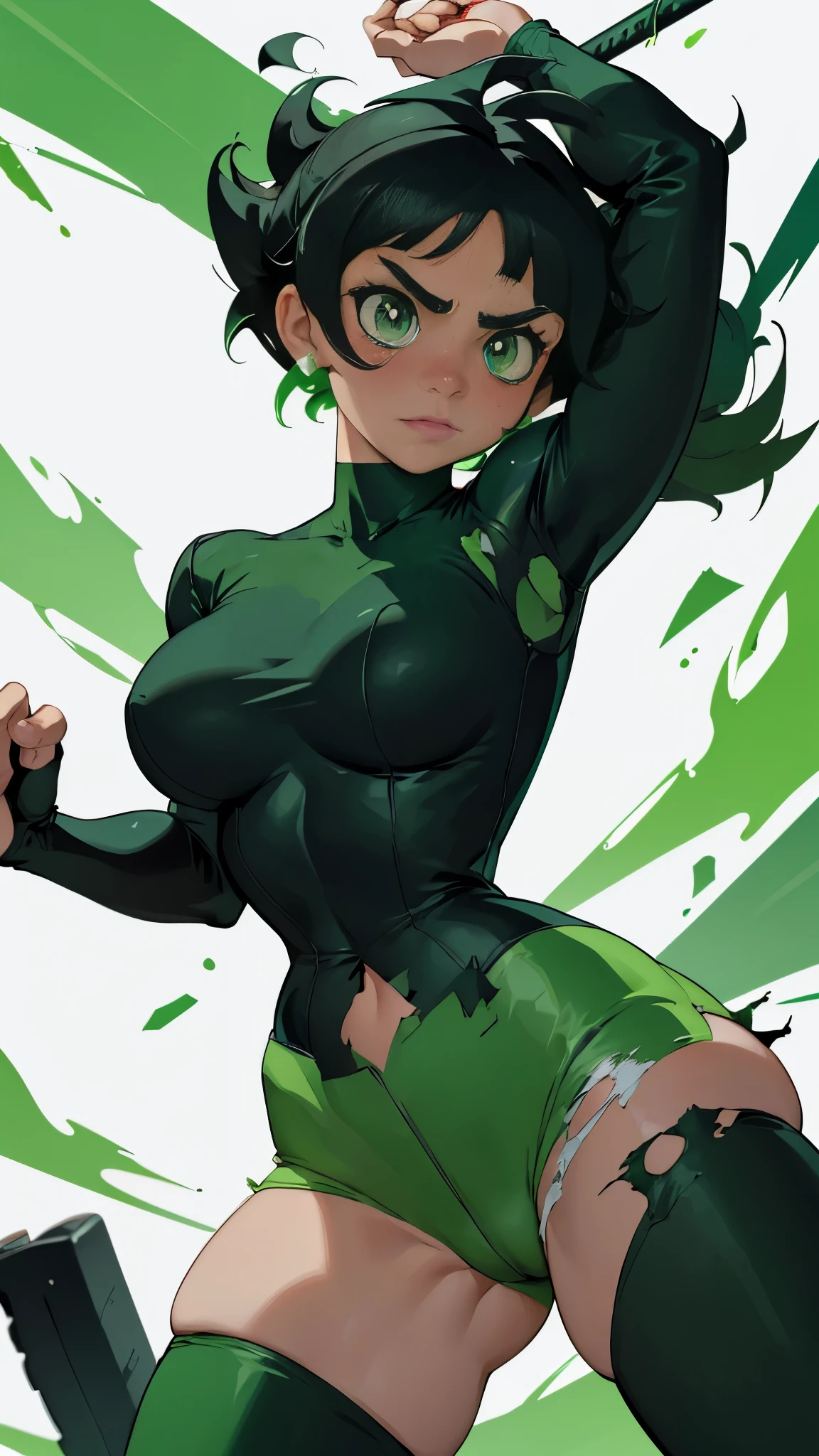 Buttercup from Powerpuff Girls as a Violent Mature Themed Action Anime, bloody battle damage and wear, Damaged and Ripped clothes, curvy, green and black outfit
