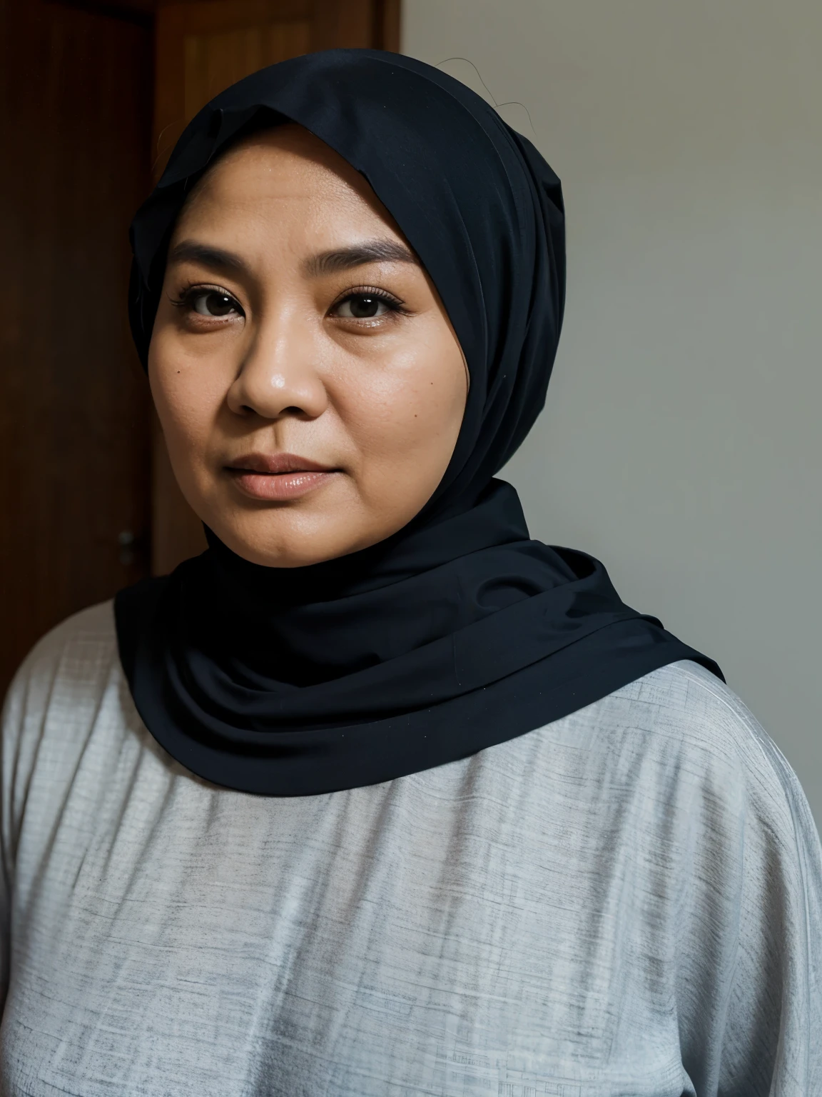(Old Lady:1.37), Jumbo (Singlet), Chubby adorable, 1 girl, (face to face), , baby face, (angry face expression:1.37), half body portrait, (face details: 1), (eye details: 1), ((big breasts)). wearing ((transparent:1.14)), transparency soft long shirt, hijab, .. Cute posed. proportional body. Ultra High Res. realistic: 1.4, UHD, ((plaid pattern)), ((Bigger:2.3)), (((DARK BACKGROUND)))