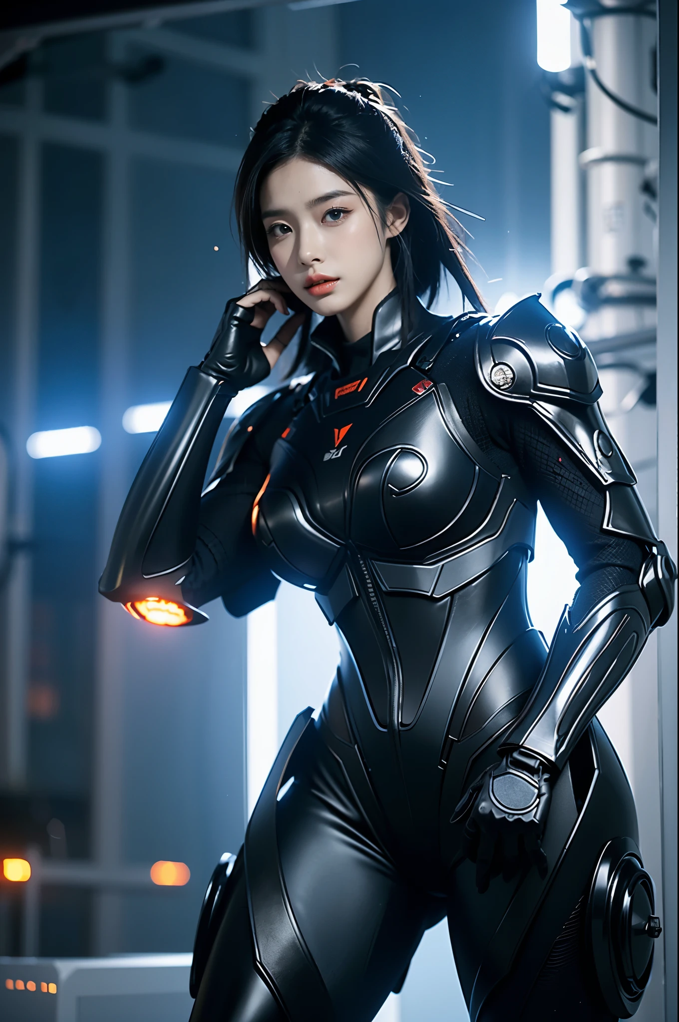 game art，best picture quality，Highest resolution，8k，((A half-length photo))，((portrait))，(rule of thirds)，Unreal Engine 5 rendering works， (Future girl)，(female warrior)， 22-year-old young hacker)，(ancient oriental hairstyle)，(Beautiful eyes full of details)，(big breasts)，(eye shadow)，Elegant and charming，indifferent，((frown))，(Combat suit full of futuristic technology，The costume combines futuristic power armor and，Clothing is decorated with glittering patterns and emblems)，cyberpunk characters，in the style of futuristic， photo poses，city background，lamp，Ray tracing，Game CG，((3D Unreal Engine))，OC rendering reflection pattern