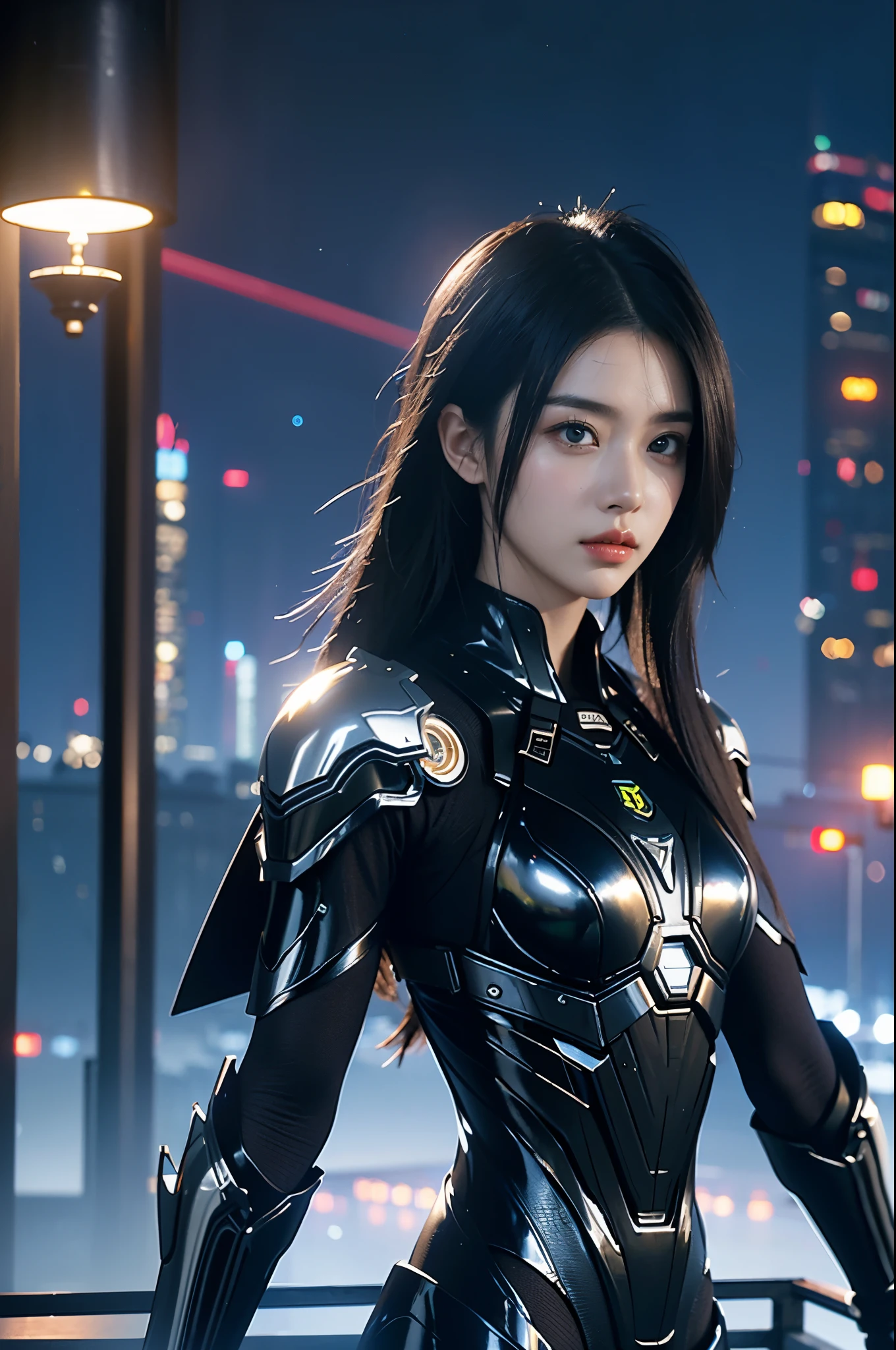 game art，best picture quality，Highest resolution，8k，((A half-length photo))，((portrait))，(rule of thirds)，Unreal Engine 5 rendering works， (Future girl)，(female warrior)， 22-year-old young hacker)，(ancient oriental hairstyle)，(Beautiful eyes full of details)，(big breasts)，(eye shadow)，Elegant and charming，indifferent，((frown))，(Combat suit full of futuristic technology，The costume combines futuristic power armor and，Clothing is decorated with glittering patterns and emblems)，cyberpunk characters，in the style of futuristic， photo poses，city background，lamp，Ray tracing，Game CG，((3D Unreal Engine))，OC rendering reflection pattern