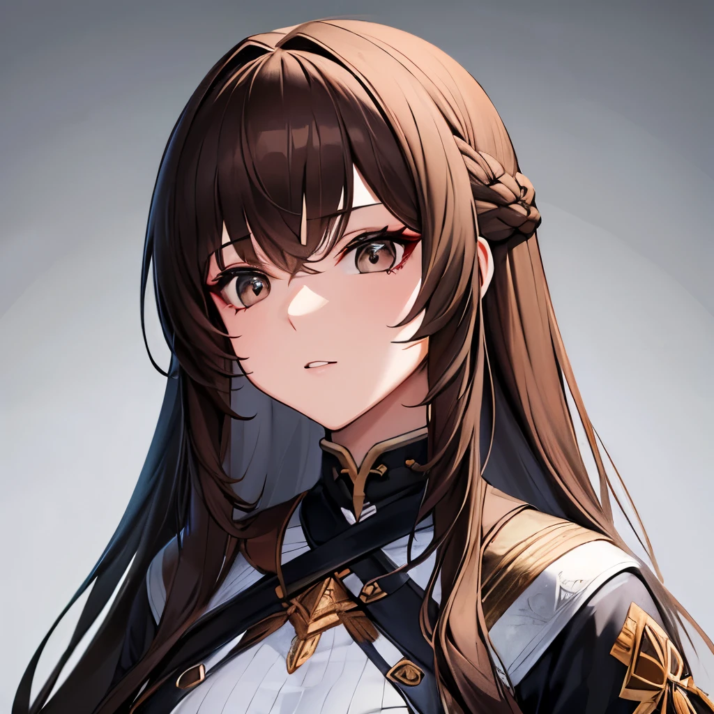 Girl, long brown hair, gray eyes, sharp features, white skin, wavy hairstyle