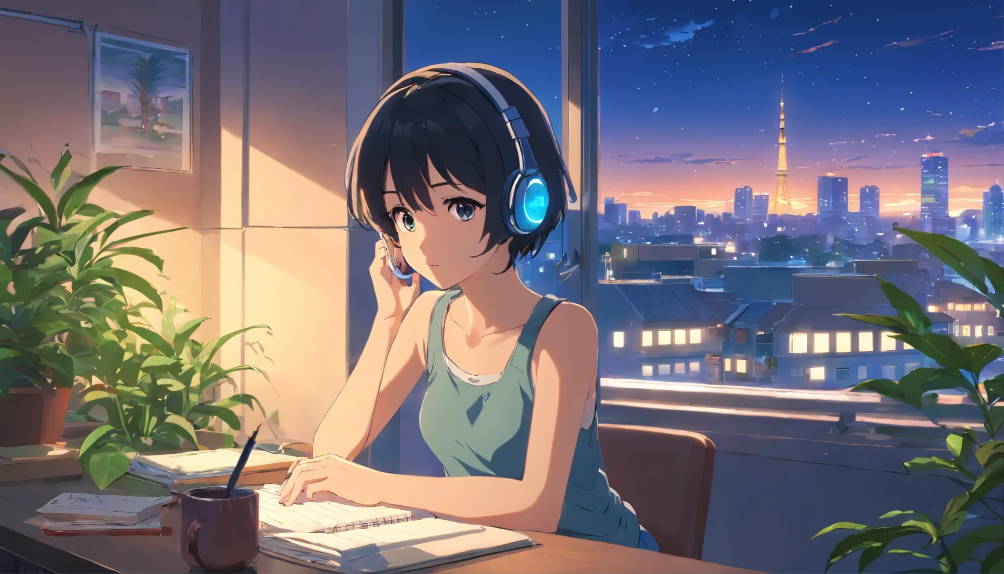 (anime girl with headphones looking out a window at a city), black hair, lofi girl, anime vibes, lofi artstyle, anime style 4 k, anime aesthetic, nightcore, lofi feel, lofi art, anime art wallpaper 4 k, anime art wallpaper 4k, anime wallpaper 4 k, anime wallpaper 4k, lofi vibes, studying, short skirt, Tank-top, midriff-baring outfit, plants in the room, (full body), have a pen, writing on a notebook, a mobile phone with screen off on the table, a mug on the table, a lighted candle on the table