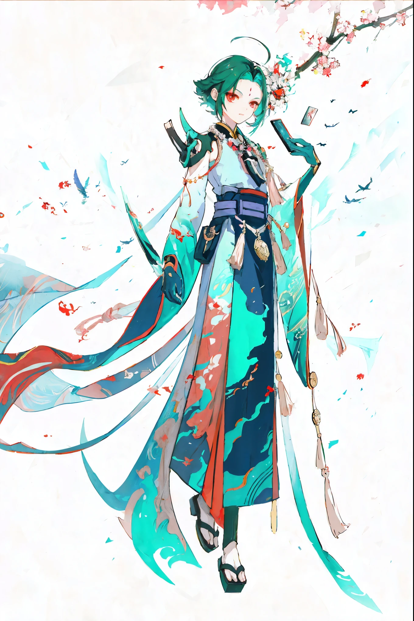 (full body standing painting), alone, masterpiece，best quality，8k，1 boy，dark green hair，best quality，masterpiece，Extremely，Eye focus beautiful eyes， Japanese kimono, Red Lycoris, Flowers of Hell，ghost，(White background), background with，masterpiece, best quality at best, revelation, , Beautiful and detailed light, beautiful and delicate eyes, diaphragm, big forehead,Onmyoji Detailed Art, Oriental traditional art style, beautiful painting style, Ukiyo-style, Biomechanical Robotic Aesthetics, nightmare reality, Cable, and microchips, Create a surreal visual effect. Volumetric lighting and 8k post-production bring ultra-detailed renders to life, Showcasing shades of red and white with a hint of black., masterpiece, top quality, best quality, ultra high resolution