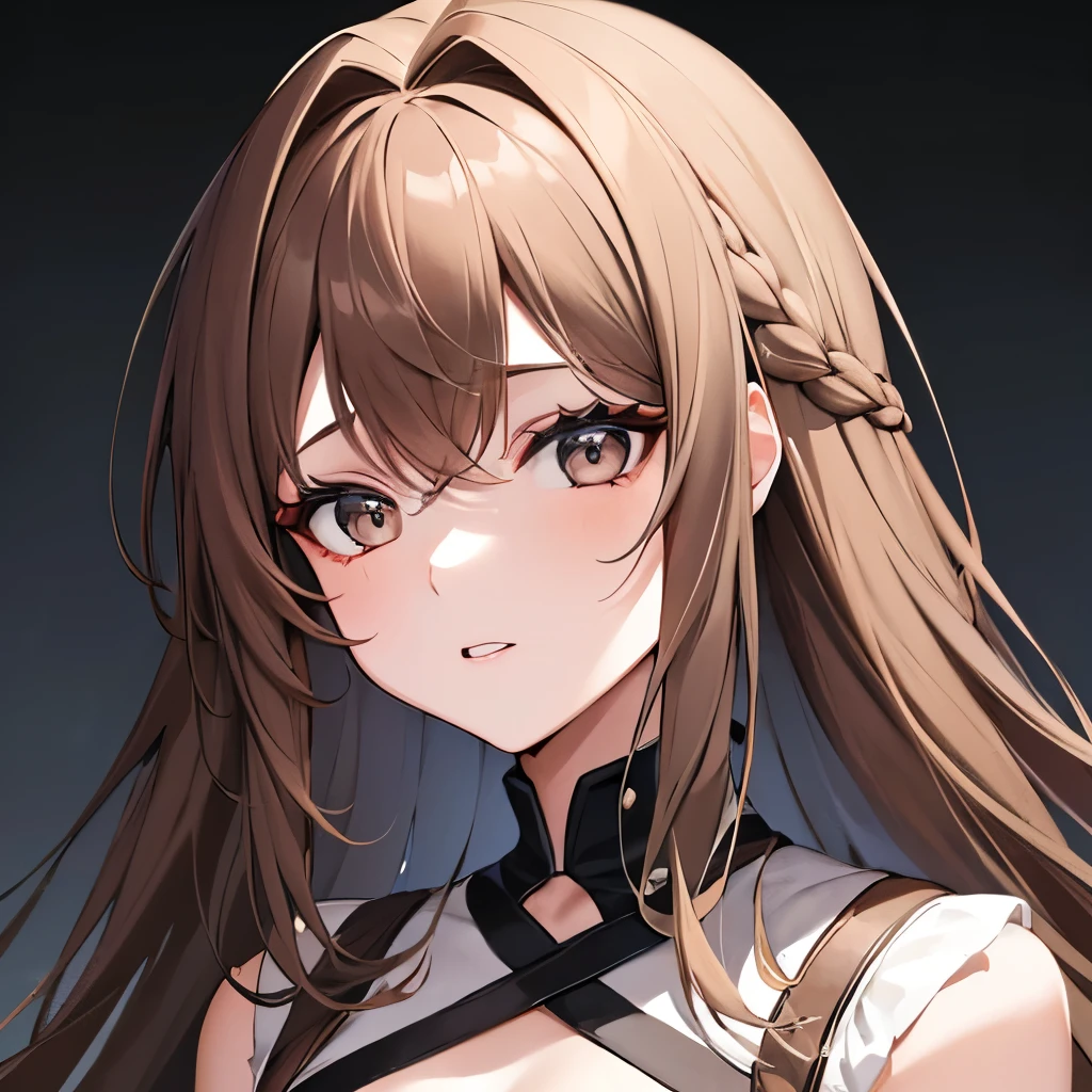 Girl, long brown hair, gray eyes, sharp features, white skin, wavy hairstyle