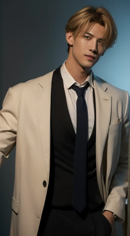 ((Realistic lighting, Best quality, 8K, Masterpiece: 1.3)), Focus: 1.2, blonde hair ,Sanji ,One Piece, wear black suit with tie ,sports a dark goatee, and stubble on his upper lip, one man, tall, handome, fair skin, one-eyed look hairstyle , passport photo, 1man, blue background
