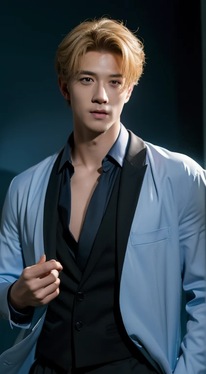 ((Realistic lighting, Best quality, 8K, Masterpiece: 1.3)), Focus: 1.2, blonde hair ,Sanji ,One Piece, wear black suit with tie ,sports a dark goatee, and stubble on his upper lip, one man, tall, handome, fair skin, one-eyed look hairstyle , passport photo, 1man, blue background