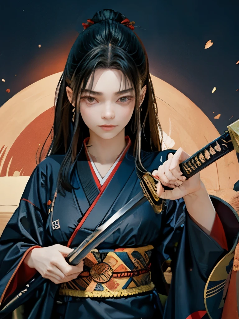 highest quality、A woman with long black hair that is parted in the center、slim body shape、prepare a sword、Diagonal、　Navy blue Japanese kimono with red pattern、night town、Meadow on a moonlit night