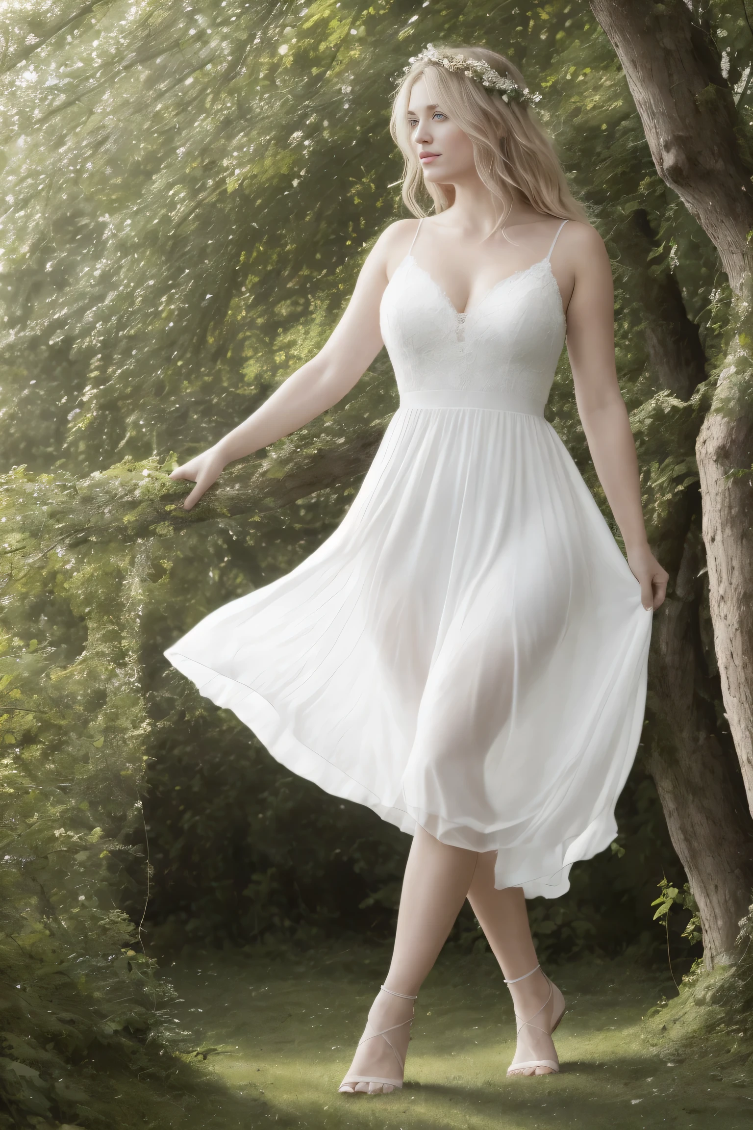 Meisterwerk, best quality,8k, ultra highres,Echtes Licht und Schatten,Kinoobjektive,(beautiful eyes:1.1), ((mittlere Einstellung der Szene,The upper part of the body)),dynamische Posen,On a green meadow,A gentle goddess came with a gentle step。She was wearing a white dress,Es weht eine sanfte Brise,Der Rock tanzt leicht。The sun shines through the leaves on her hair,Reflects her clear eyes and gentle smile。Bunte Schmetterlinge flogen um sie herum,Flowers bloomed at her feet,Es war, as if nature was cheering them on. Bedeckt bekleidet.