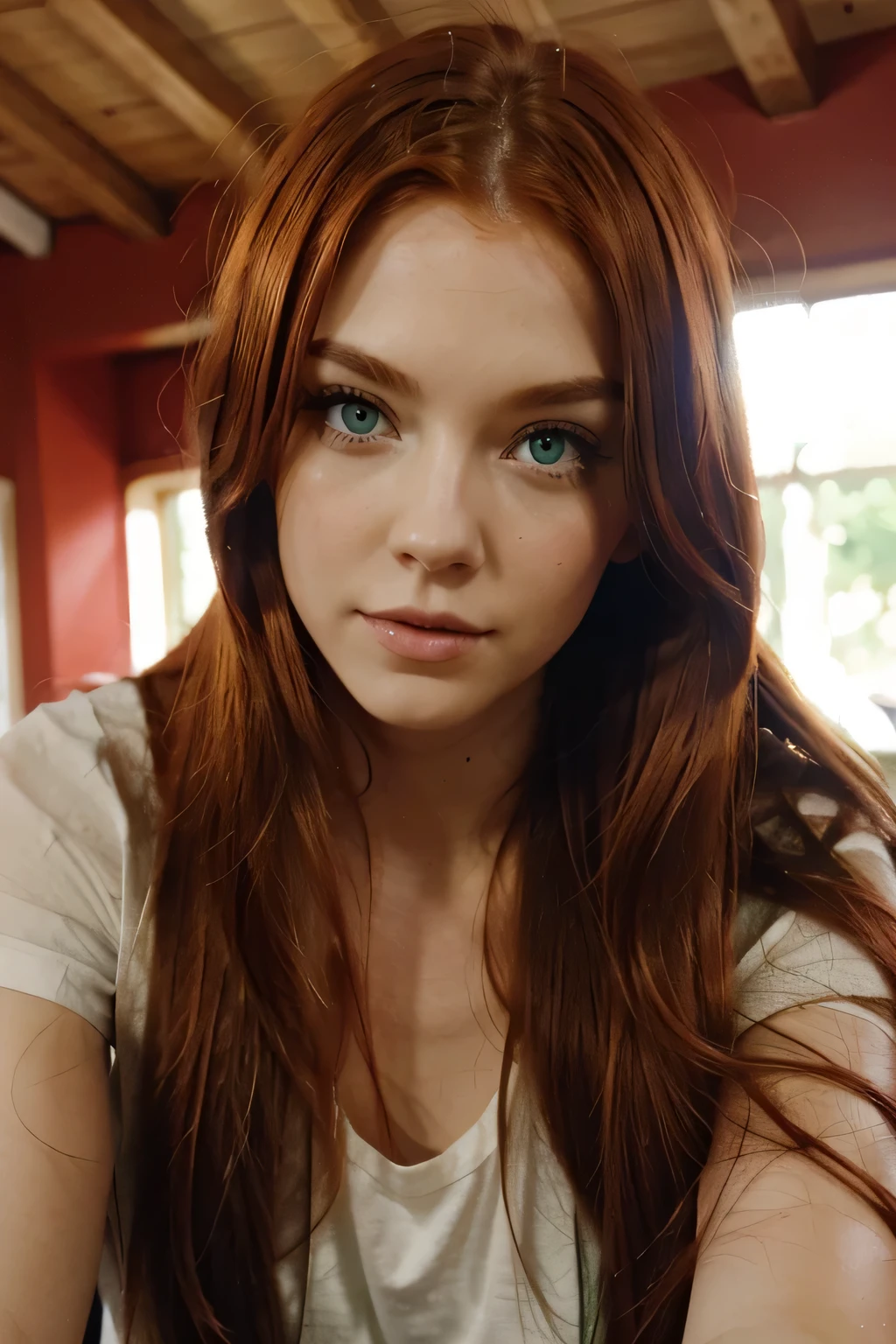 light red hair, long hair, green eyes