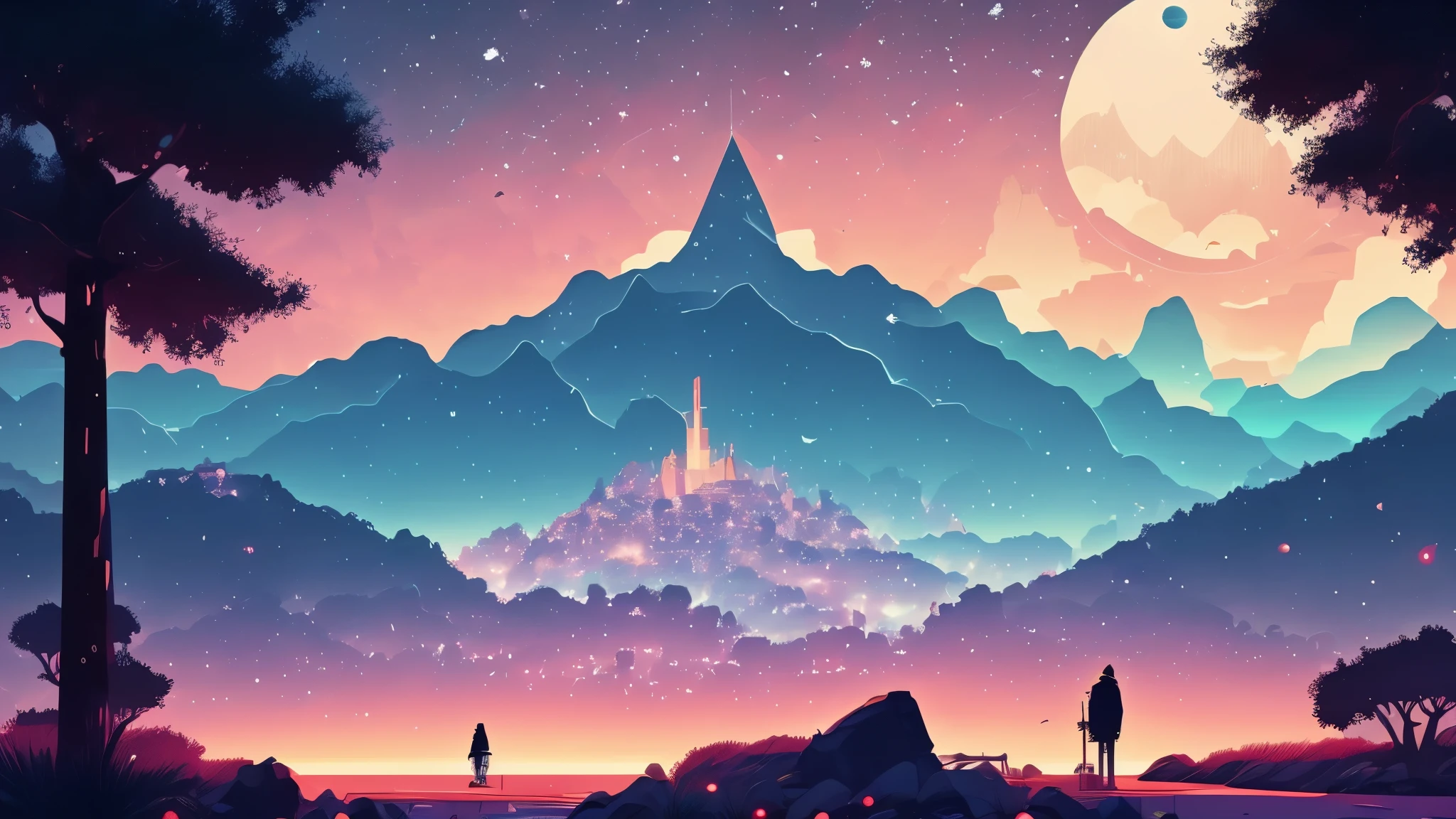 ((forest and mountain and starry sky with trip shape cloud)), space elevator, civilization, hi - tech building, Sci - fi movie,
(high contrast), (vector artwork), 2D flash game, (clean color), (clear boundaries), (bright colororning or dusk sky),
(explicit), (extreme sharp focusasterpiece)), (best quality), (extreme details), fine art, silhouette, tidy style,
(Kurzgesagt style), by Kurzgesagt, (by Hiroshi Yoshida), (by Hasui Kawase), by Atey Ghailan, by Ismail Inceoglu
