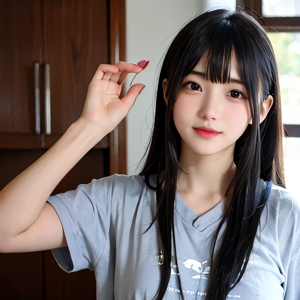 Girl, long brown hair, gray eyes, sharp features, white skin