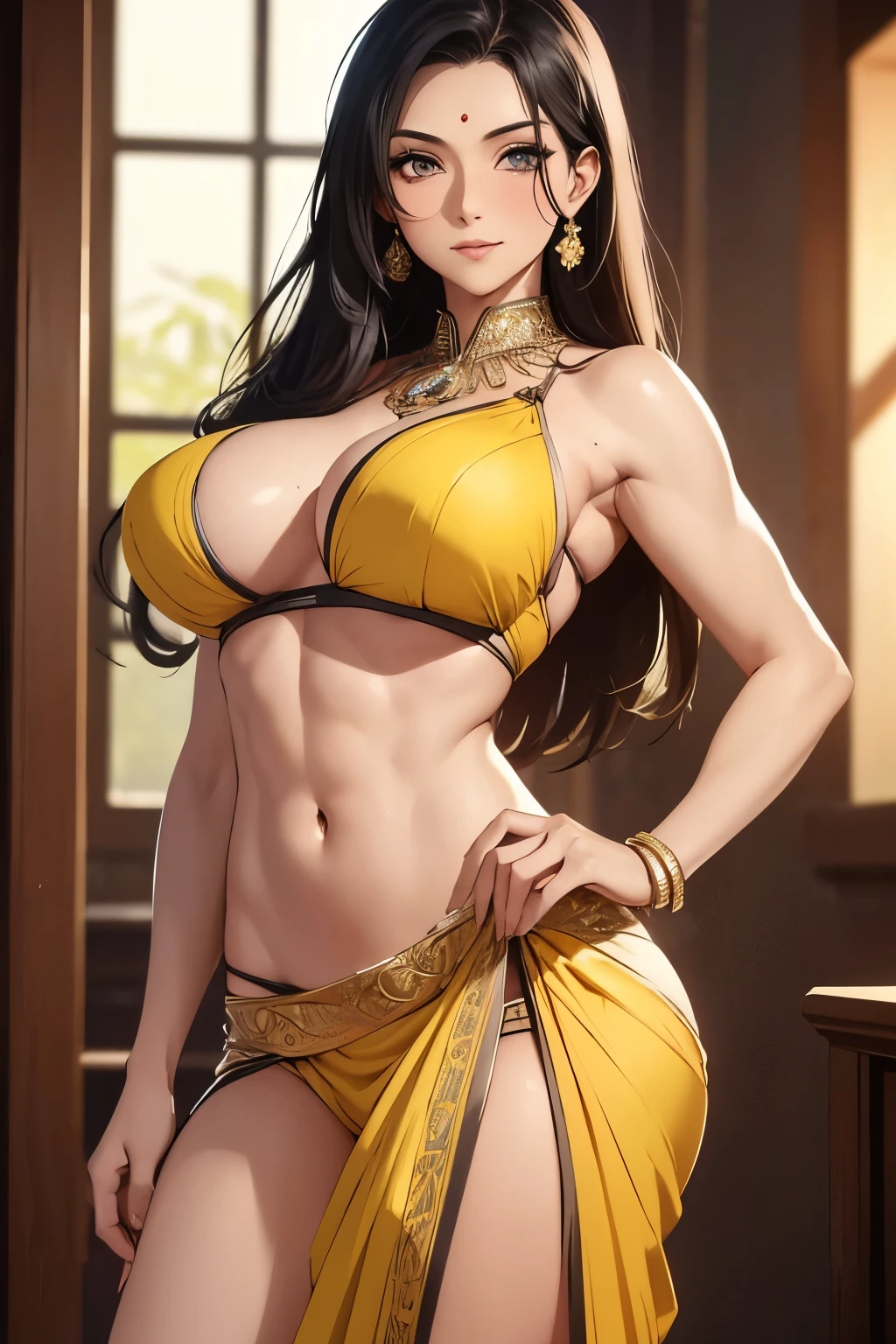 (masterpiece, best quality, detailed illustration, high resolution), ((1girl, solo)), ((huge breasts, slim waist, long legs, fit body, toned body)), ((black hair)), ((yellow saree)), ((full body, closeup view)), ((standing)), ((looking at the viewer, facing the viewer)), office setting, ((tan skin, tanned skin)), ((oiled skin)), ((large breasts, mature woman, mature female, mature lady)), ((indian woman)), ((straight hair)), (detailed eyes), ((standing)), ((muscular body, abs)), ((warrior girl)), ((big breasts, mature girl))