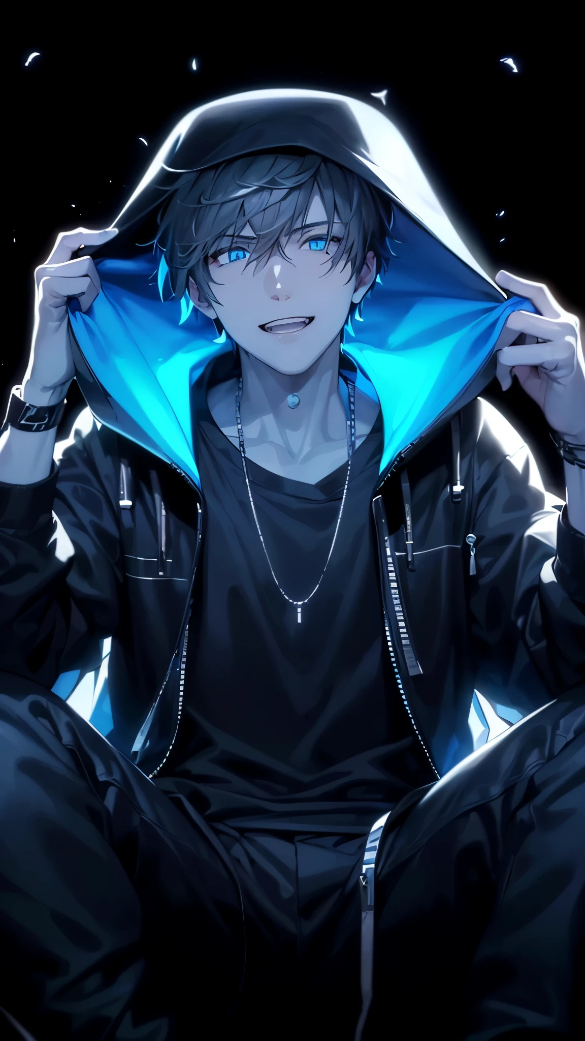 a handsome guy、serious expression、please close your mouth、He is wearing a black hoodie and has his hood up.、cool look、blue neon light、Highly Detailed CG Unity 8K Wallpaper, (super masterpiece, beautiful person, well detailed face polluted smile, It&#39;s photorealistic, hyper realistic)