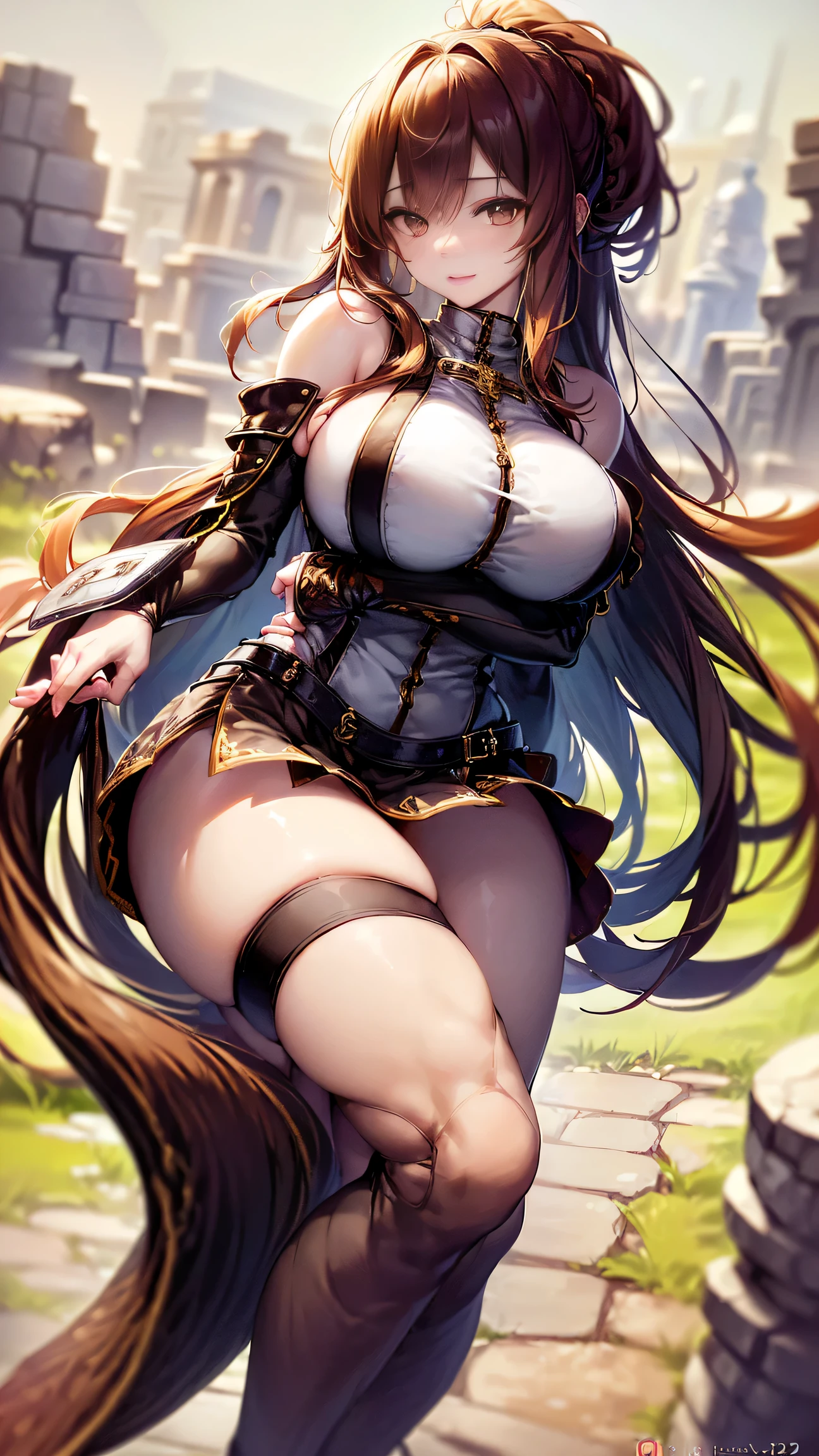 a matured woman with long black hair and a white outfit, (at a rock place in a desert:1.5), (resting in oasis:1.2, holding metal water bottles:1.3, standing:1.2, with cross-legged:1.3, with lifting arms, in front of Arabic ruins:1.2), Arabic, (Post apocalyptic:0.2), from arknights, artwork in the style of guweiz, bodyesbian, fine details. girls frontline, beautiful anime illustration, from girls frontline, by Yang J, stunning, 26 years old, (milf:1.3), (solo:1.5), (sfw:1.25), sagging breast, fuge breasts, big tits, thin waist, big ass, Raised sexy, (dark mahogany medium short hair, updo, hair over one eye, asymmetric hair, Carly hair, low tied braidusulman, white Headscarfs, hair bands, head vandage, Turban), (ultra high resolution, 8K RAW photo, photo realistics, thin outline:1.3, clear focuest qualtiy, natural lighting, textile shading, blurry back ground, field depth, bokeh, (Bright pupils, fine detailed beautiful eyes with highlight:1.2, high detailed face), Red lip, looking away:1.3, (dynamic angle:1.2, front view:1.2, breast focus:1.3, from above:1.1), dynamic posing, (sexy posing:1.2, leaning forward), seductive smiling:1.2, center image, (wearing white long jacket and clothes, wearing white robeare breast:1.37)), platinum ornaments, rolling white clothes around waist, camel-brown long leather boots:1.3, translucent lace pantyhose), ((correct anatomy:1.5)), ((outdoor:1.2, in a night:1.3)),