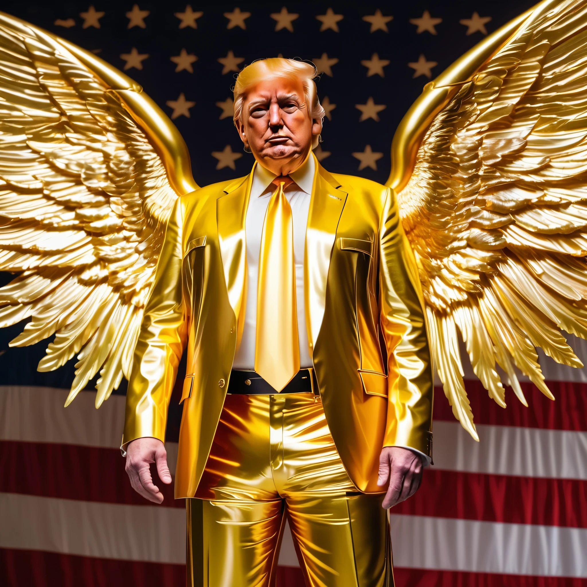 an art Donald Trump using gold and gold latex toothpick and striped latex latex pants standing in front ultra detailed 8k neon angel wings flag of the united states

