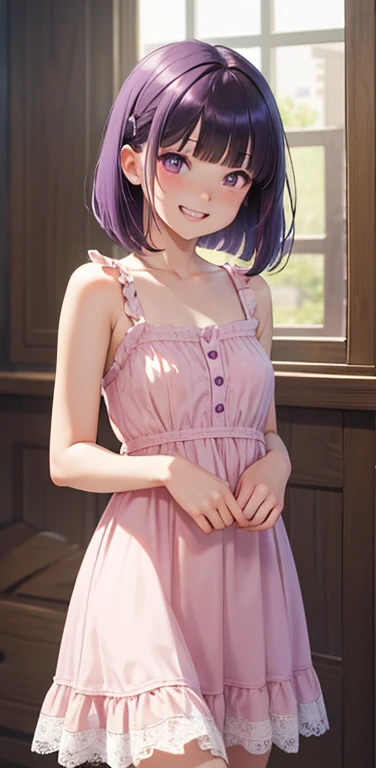 (8K、highest quality、masterpiece:1.2)、Super detailed、super resolution、Realistic、(1girl)  、(purple hair)、short hair。(blunt bangs:1.5),pink eyes、(face focus,cowboy shot),(glowing eyes:1.4),(sundress:1.3)、(grin:1.3),open mouth、cute face,blush、small breasts,hair ribbon,(simple background),