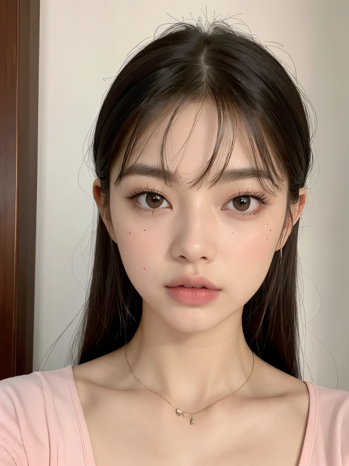 Kim Jennie de blackpink con el cabello rubio claro, cabello rubio con ondulado, cabello de color rubio ondulado, with small fringes, ojos color negro, nariz respingada y bonita, labios gruesos, Cupid and heart shaped lips..., labios rosas, pale, piel blanca, piel bonita y suave, con pecas y lunares, cejas bonitas, marked and beautiful clavicle, mientras tiene un polo con rosas color rojo tinto, rojo oscuro, con ropa interior femenina, abdomen delgado y bonito, escote desnudo, (pechos grandes, pechos suaves, pechos naturales, escote desnudo), mientras agarra una rosa,  mirando a la camara, autofoto