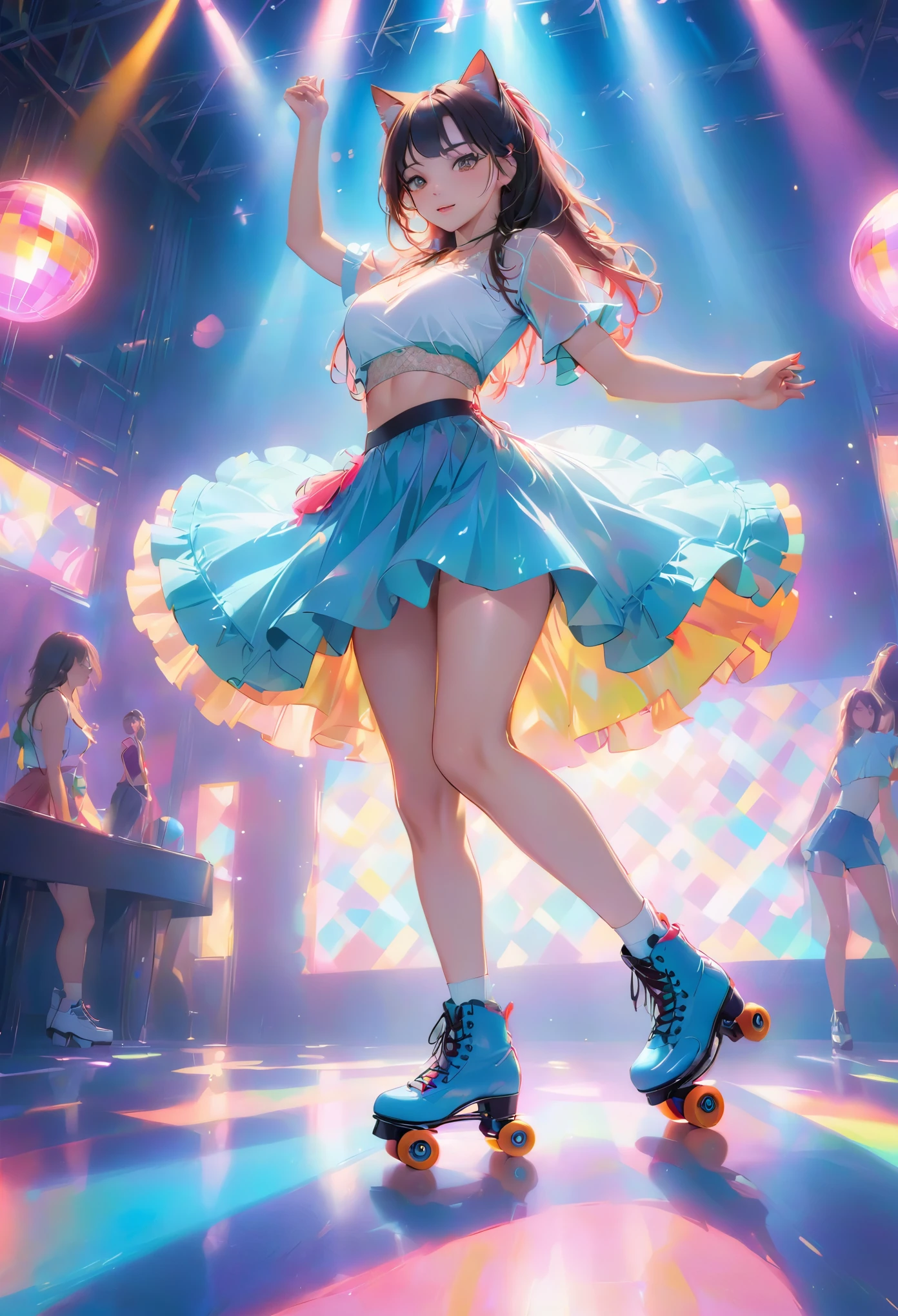 Girl on roller skates on the dance floor, 80' style, Disco ball above, groovy, Cool cat, Neon colors, Neon light, 8K, High quality, 80' style, synthetic wave