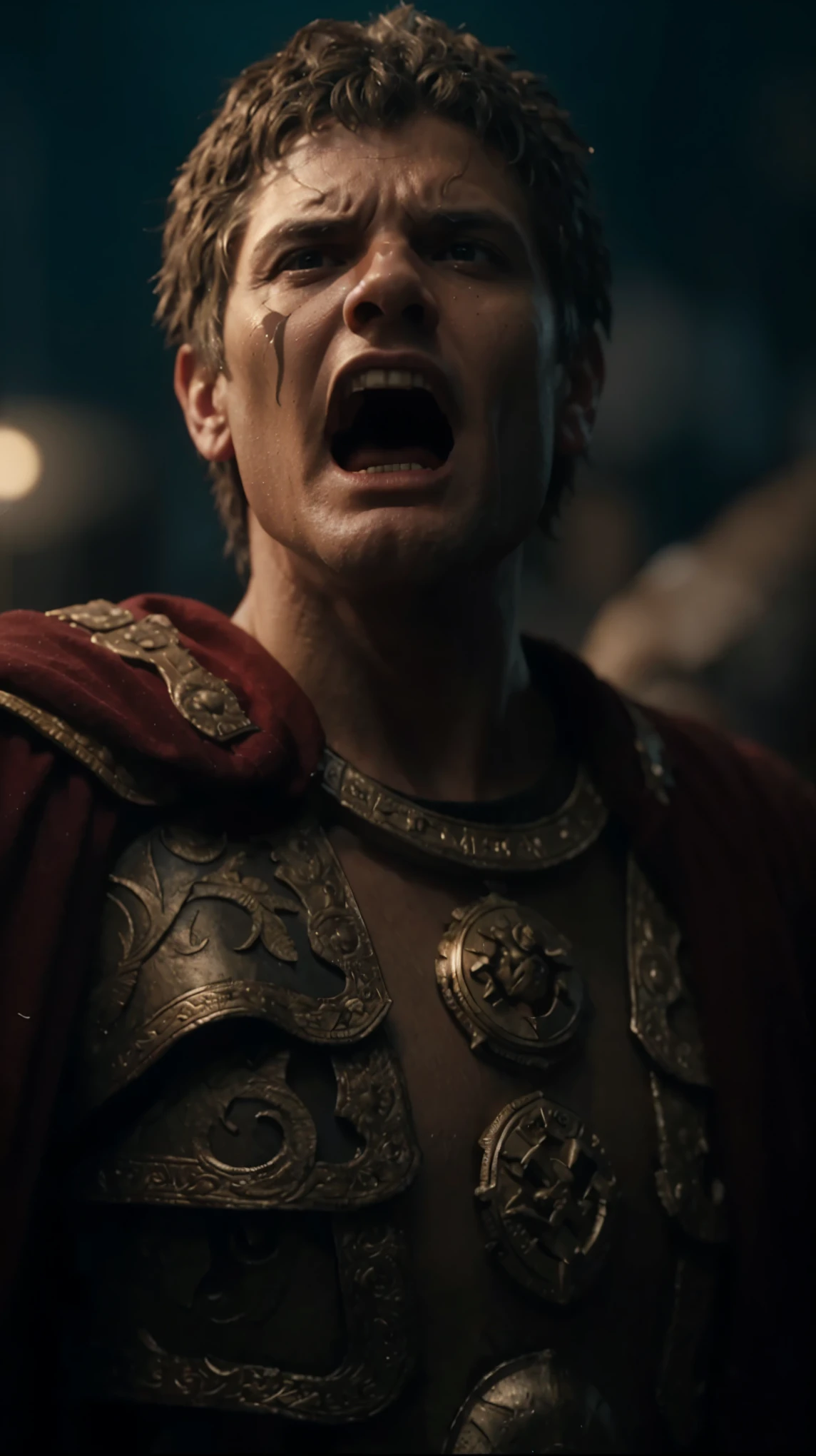 Nero in a costume with a sword, in screenshot from the 300 movie, cinematic close-up bust shot, caesar victorious, 8 k movie still, inspired by Pogus Caesar, beware the ides of march, sneering roman legioneer, vfx movie closeup, julius caesar, roman emperor, 2 0 2 1 cinematic 4 k framegrab