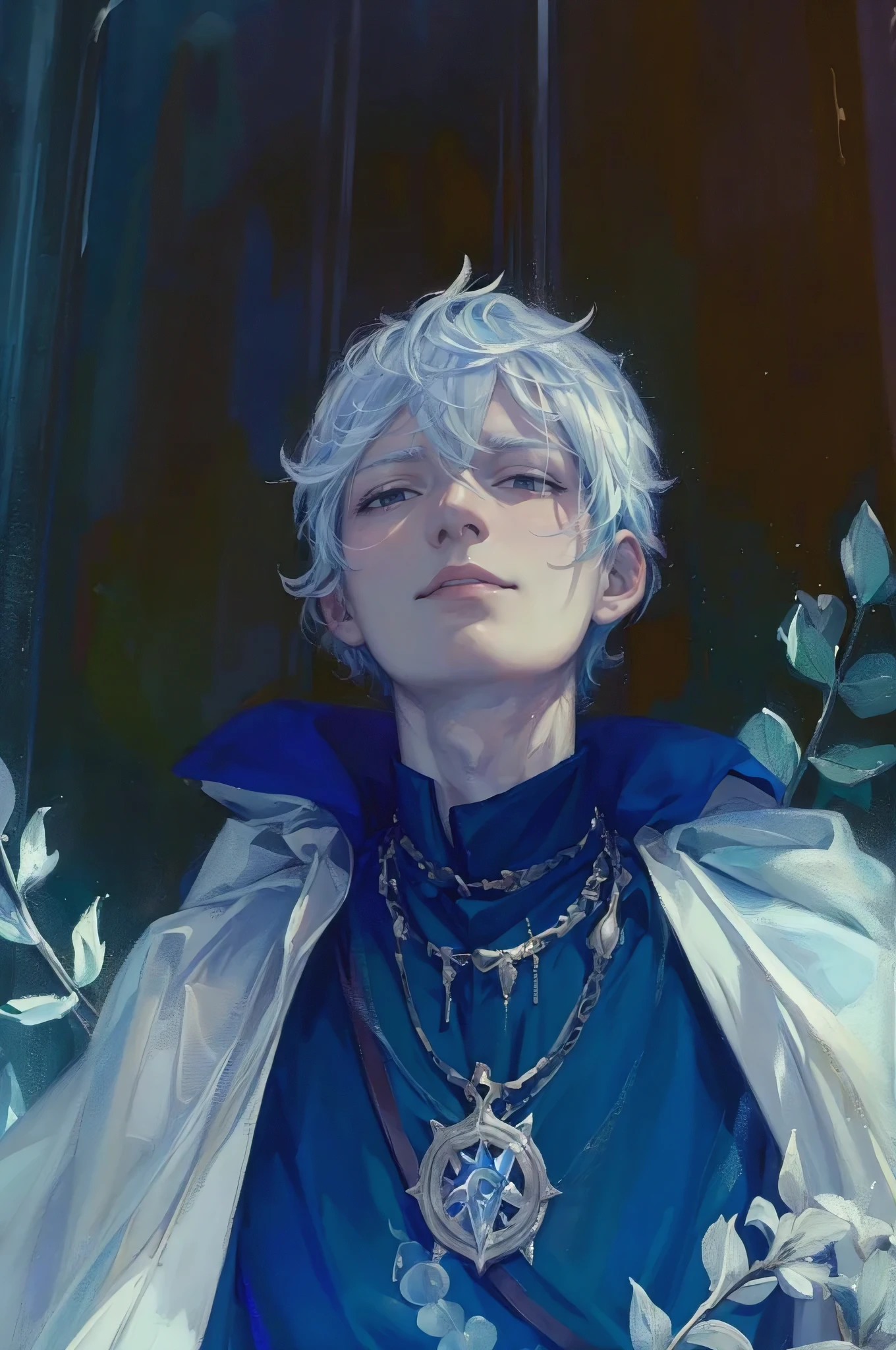 (best quality, masterpiece:1.2), An oil painting of a pale man with short light-blue hair wearing a medieval blue shirt and cloak. The man is haloed by ice. Blue and silver lighting. D&D Character portrait, The saint of frost and the moon, the frozen king 