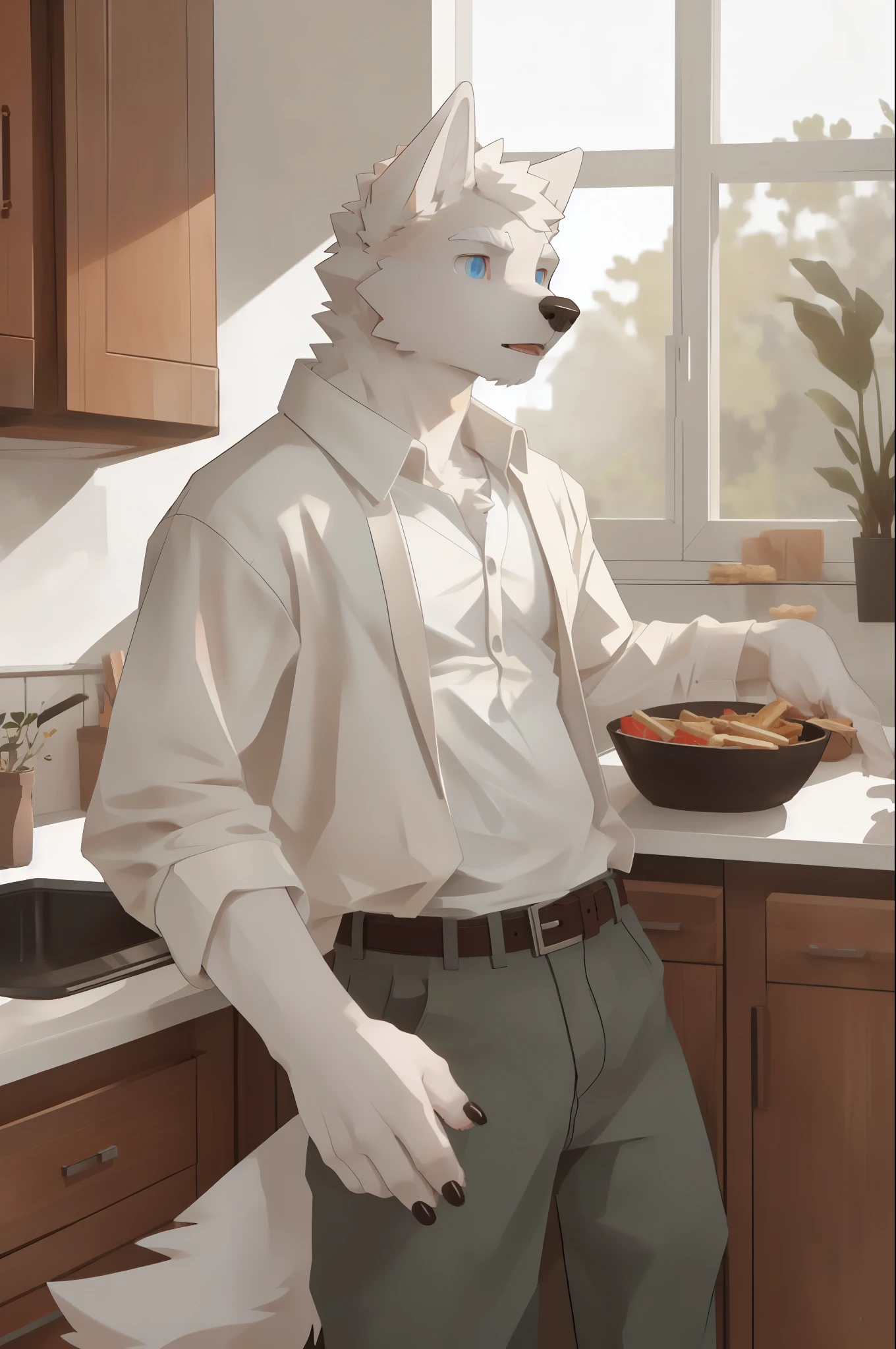 (by zixiong), By Ruhu1145,
best quality, masterpiece,
in, kitchen, window, Sunlight, plant,
alone, alone focus, male, male focus,
Humanity, Wolf, canine,
(white fur, white body, white eyebrows:1.5),
clothed, open top, cardigan, White shirt,
belt, Pants, blue eyes,
doll hand, food, eat,