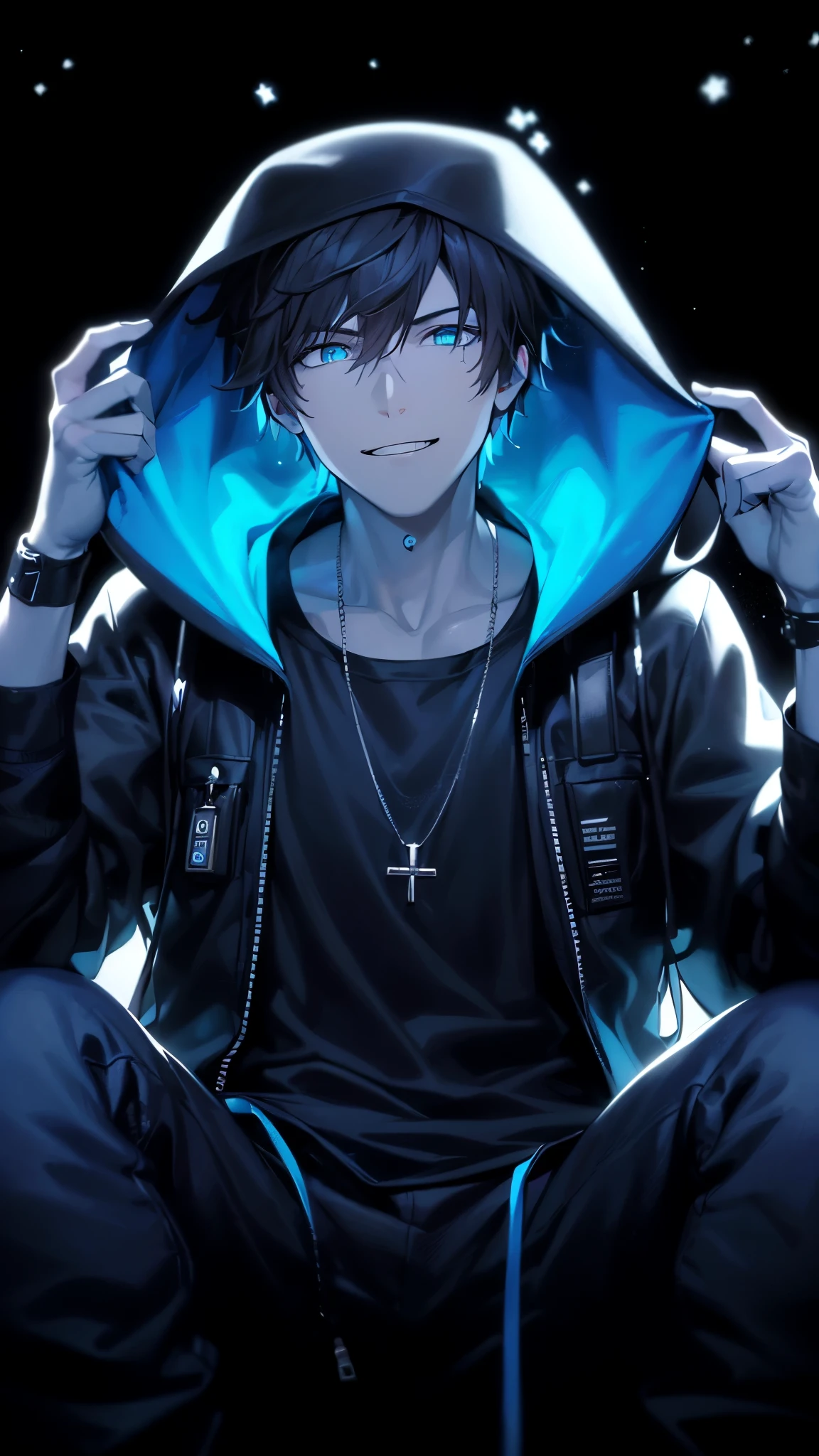 a handsome guy、serious expression、please close your mouth、He is wearing a black hoodie and has his hood up.、cool look、blue neon light、Highly Detailed CG Unity 8K Wallpaper, (super masterpiece, beautiful person, well detailed face polluted smile, It's photorealistic, hyper realistic)