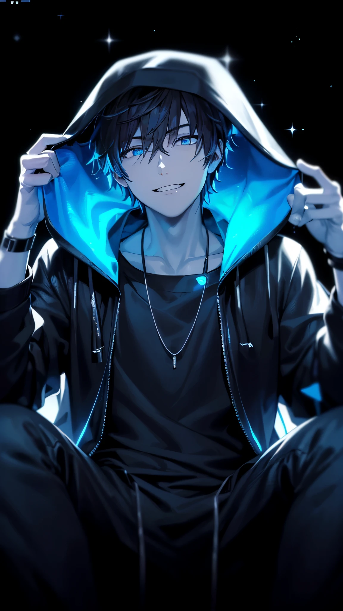 a handsome guy、serious expression、please close your mouth、He is wearing a black hoodie and has his hood up.、cool look、blue neon light、Highly Detailed CG Unity 8K Wallpaper, (super masterpiece, beautiful person, well detailed face polluted smile, It's photorealistic, hyper realistic)