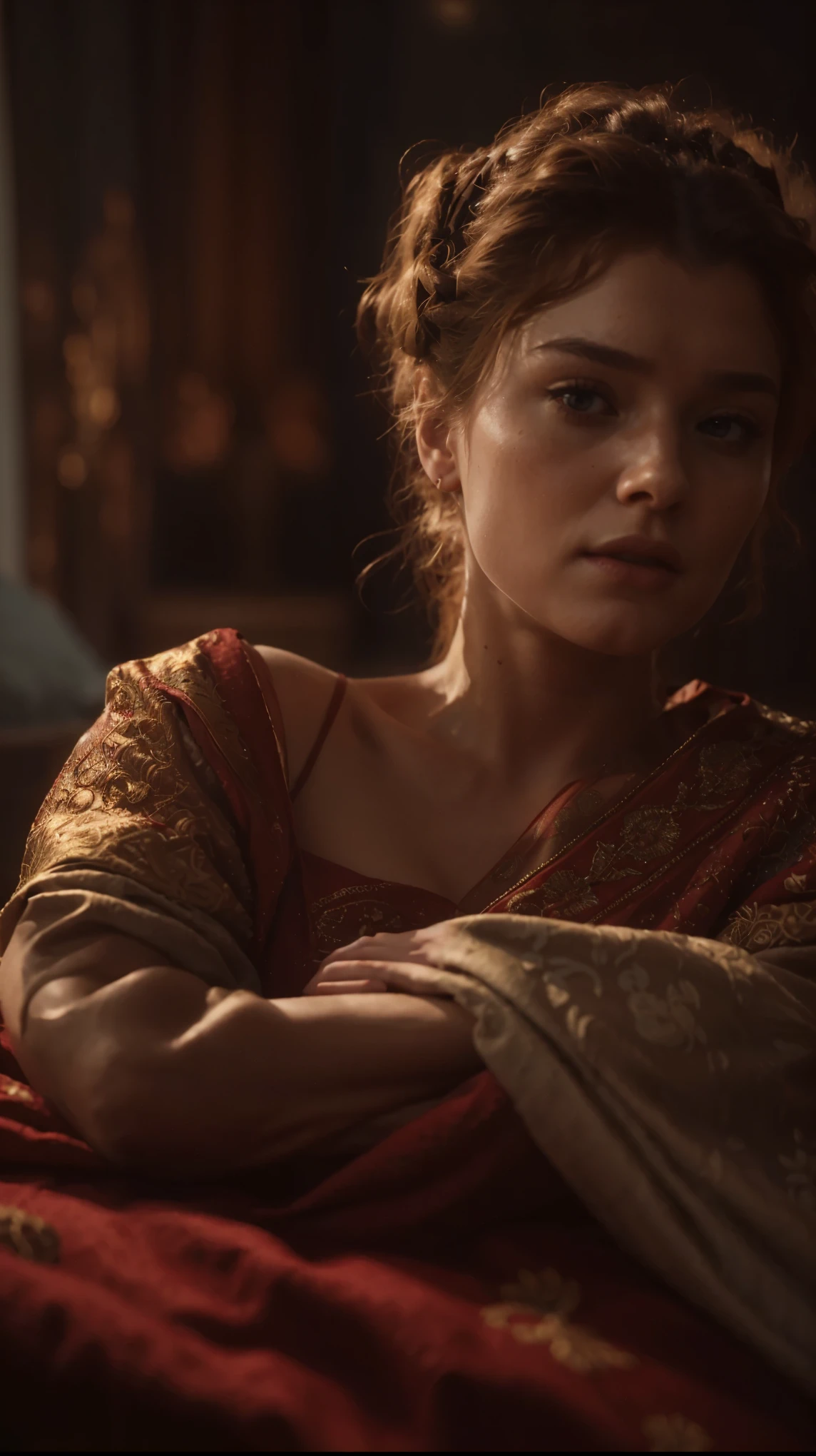 a woman in a red dress sitting on a bed with a red blanket, portrait cersei lannister sit, unreal engine render + a goddess, imogen poots as a holy warrior, highly detailed vfx portrait of, sansa, wearing a tudor style dress, cinematic cgsociety, makeup. unreal engine, cinematic shot epic portraits, highly detailed vfx portrait, matte painting portrait shot