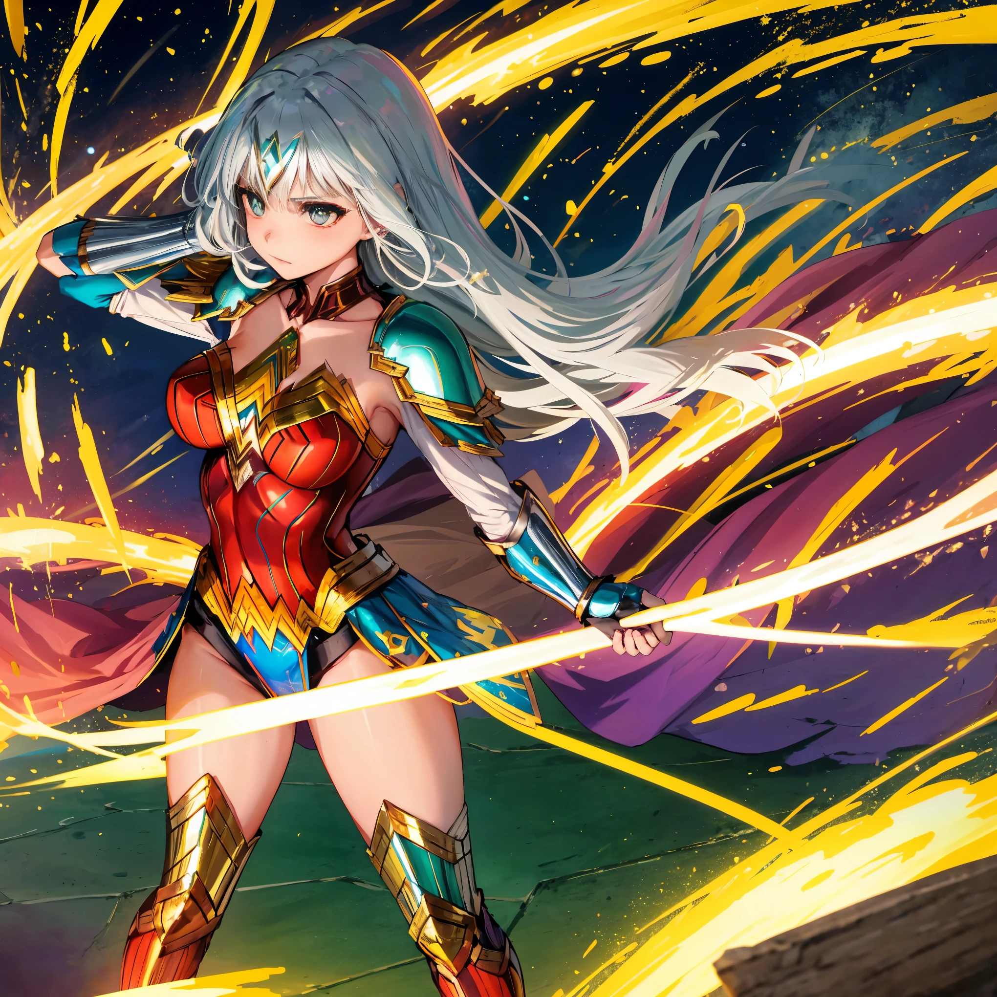 Wonder Woman with green pupils, long bluish white hair, confident expression, wearing beautiful silver armor with golden patterns all over the armor, exuding a dark yellow glow, In the background, a medieval castle