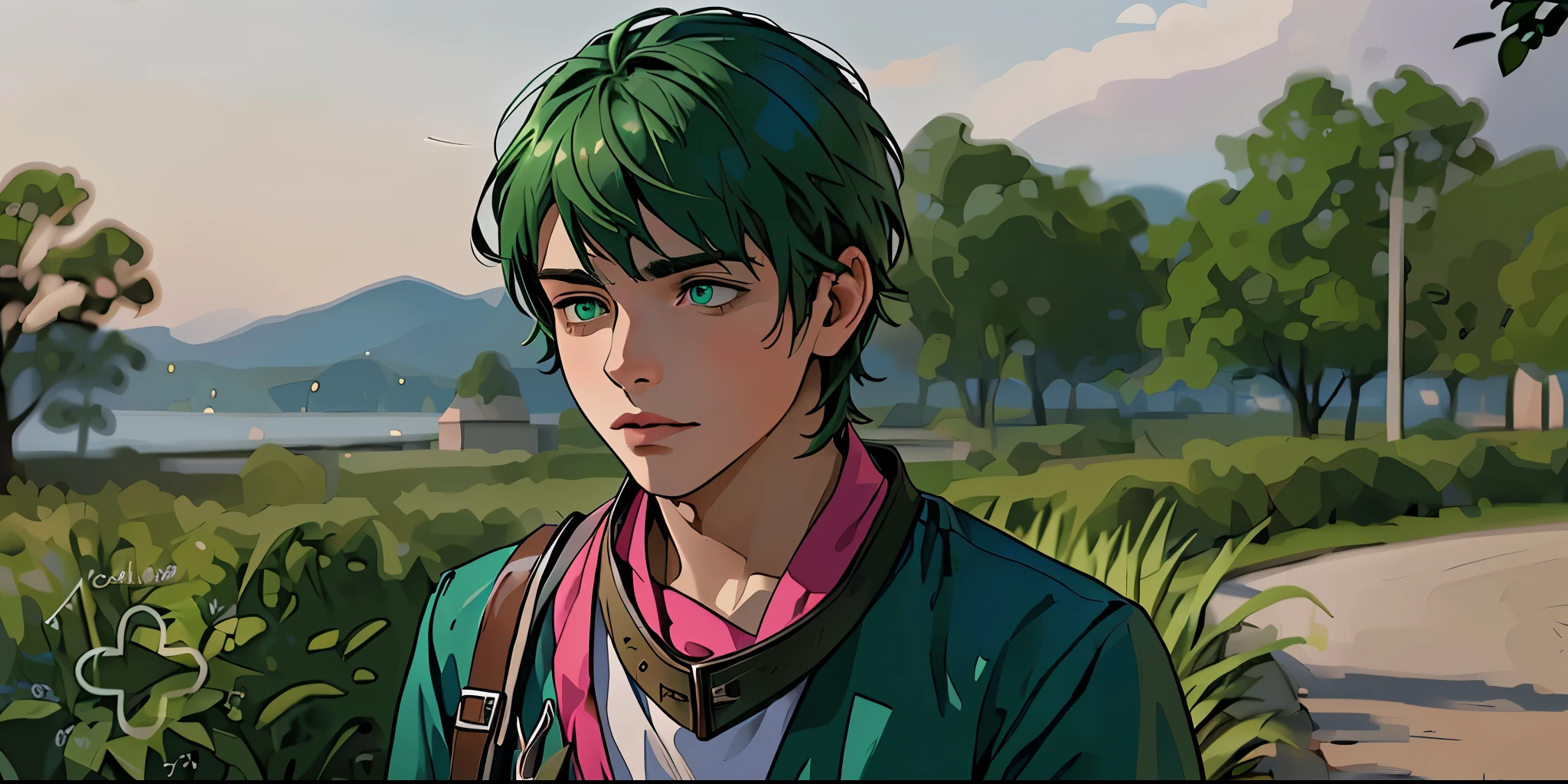 beautiful young man of 17 years thoughtful tries to remember someone green hair green eyes