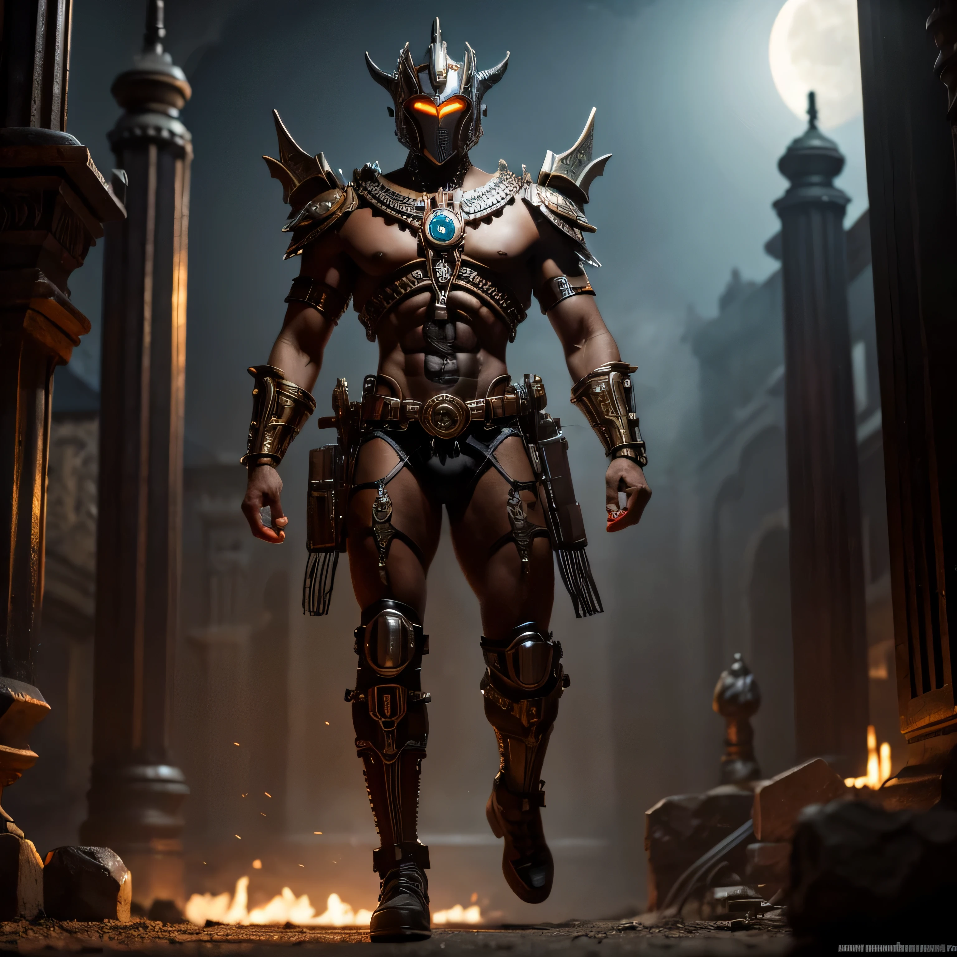 full body fantasy image medieval aztec god, with an appendage on his head controls a complex extraterrestrial alien woman machine, pipes, gears, smoke, steam, 3D, elaborate abro details, twilight, foreboding, gloomy, futuristic