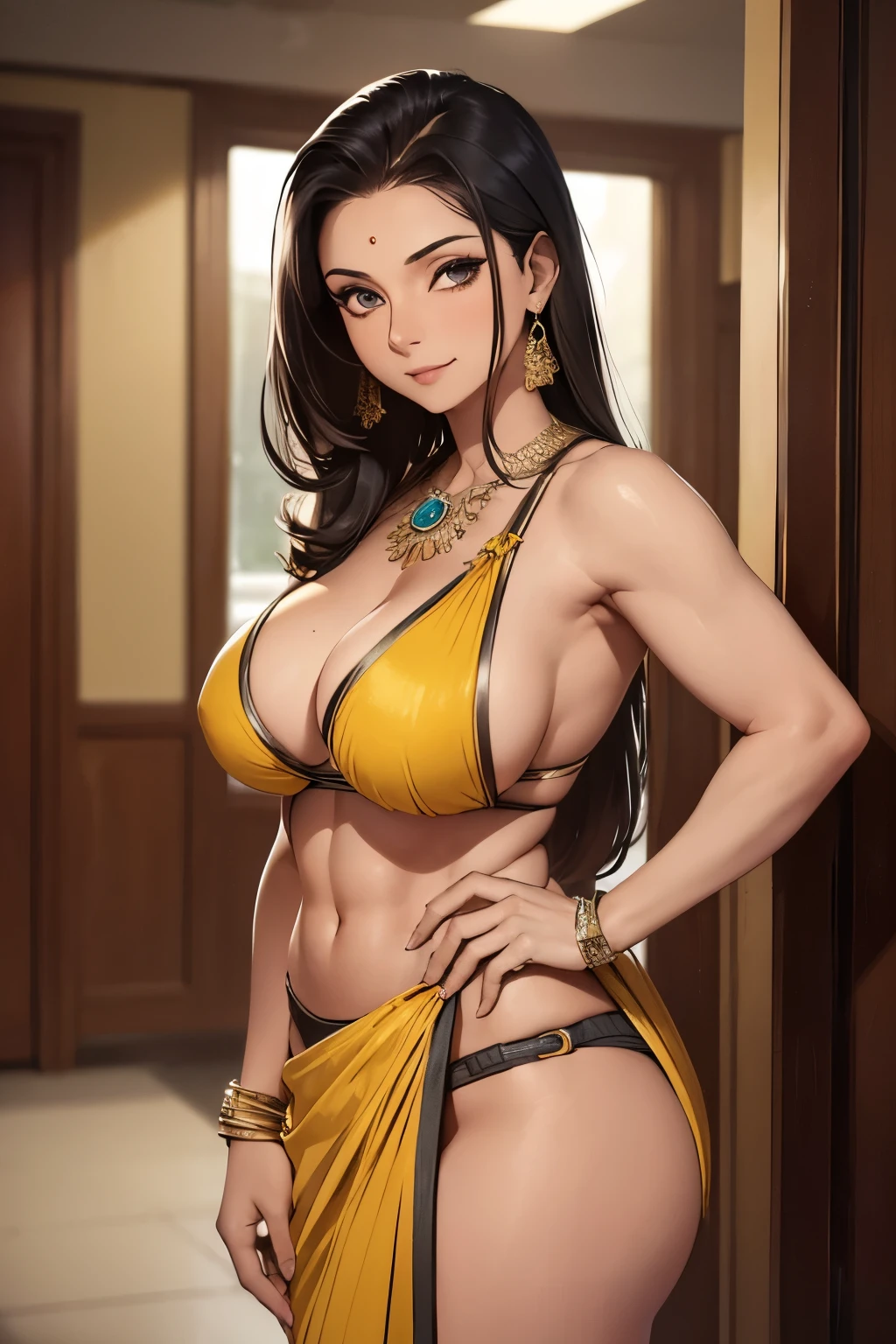 (masterpiece, best quality, detailed illustration, high resolution), ((1girl, solo)), ((huge breasts, slim waist, long legs, fit body, toned body)), ((black hair)), ((yellow saree)), ((full body, closeup view)), ((standing)), ((looking at the viewer, facing the viewer)), office setting, ((tan skin, tanned skin)), ((oiled skin)), ((large breasts, mature woman, mature female, mature lady)), ((indian woman)), ((straight hair)), (detailed eyes), ((standing)), ((muscular body, abs)), ((warrior girl)), ((big breasts, mature girl))