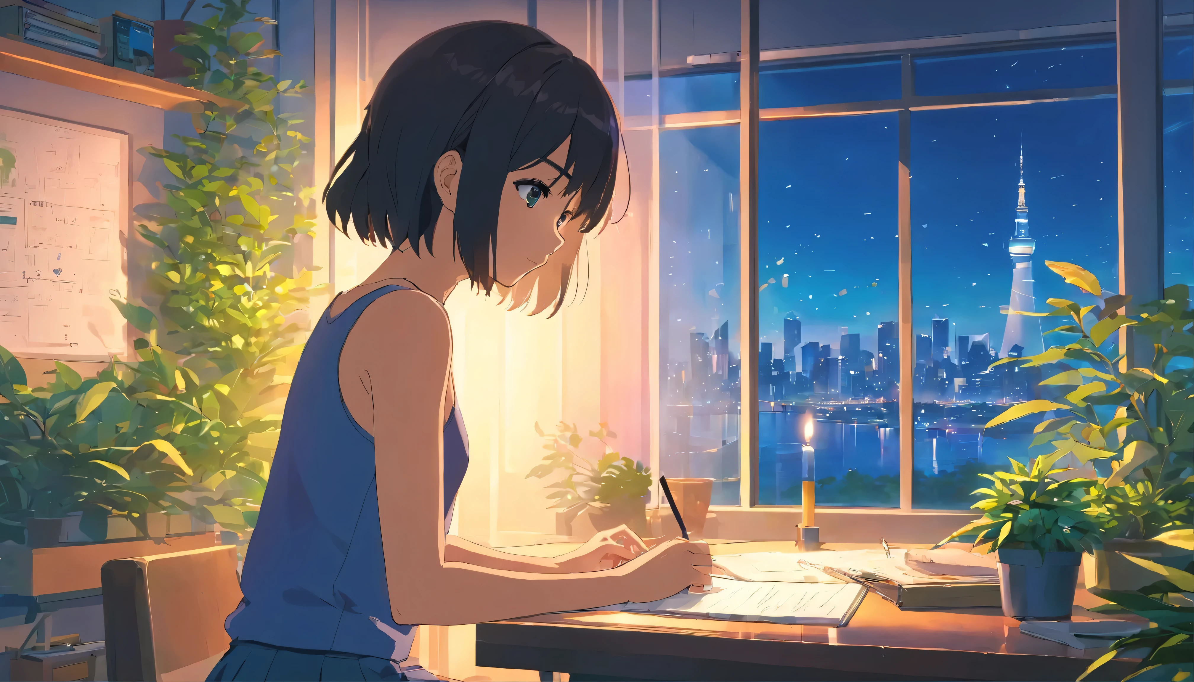 anime girl with headphones looking out a window at a city, black hair, lofi girl, anime vibes, lofi artstyle, anime style 4 k, anime aesthetic, nightcore, lofi feel, lofi art, anime art wallpaper 4 k, anime art wallpaper 4k, anime wallpaper 4 k, anime wallpaper 4k, lofi vibes, studying, short skirt, Tank-top, midriff-baring outfit, plants in the room, full body, have a pen, writing on a notebook, a mobile phone with screen off on the table, a mug on the table, a lighted candle on the table