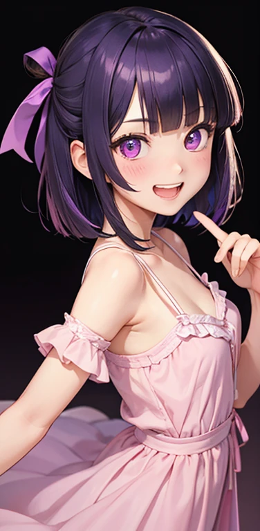 (8K、highest quality、masterpiece:1.2)、Super detailed、super resolution、Realistic、(1girl)  、(purple hair)、short hair。(blunt bangs:1.5),pink eyes、(face focus,upper body),(glowing eyes:1.4),(sundress:1.3)、(grin:1.3),open mouth、cute face,blush、small breasts,hair ribbon,(simple background),