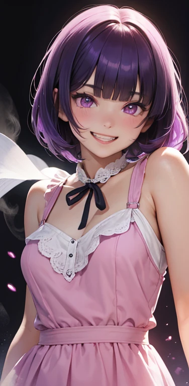 (8K、highest quality、masterpiece:1.2)、Super detailed、super resolution、Realistic、(1girl)  、(purple hair)、short hair。(blunt bangs:1.5),pink eyes、(face focus,upper body),(glowing eyes:1.4),(sundress:1.3)、(grin:1.3),open mouth、cute face,blush、small breasts,hair ribbon,(simple background),