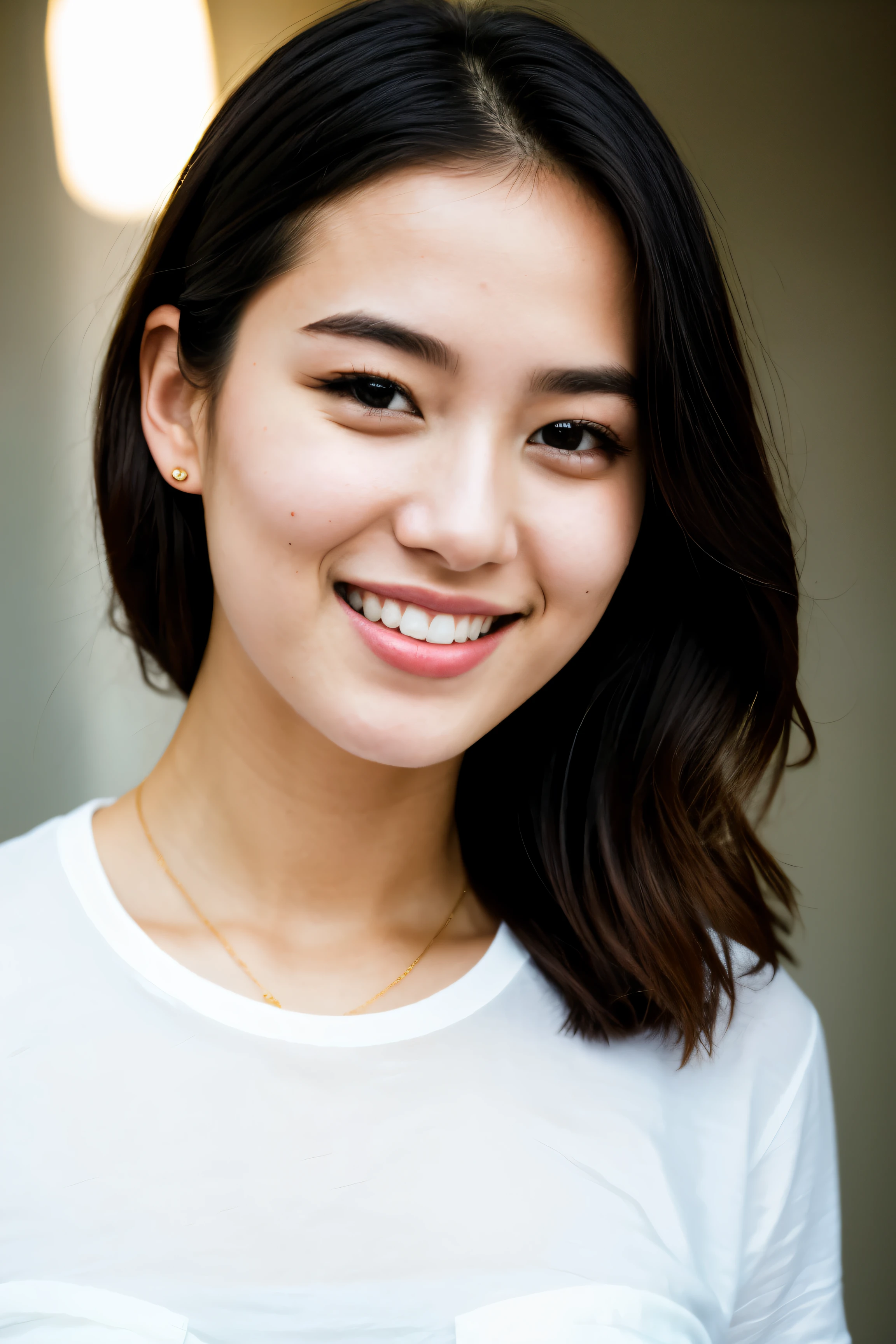 RAW photo models, face portrait photo of beautiful 26 y.o indomesian woman, cute face, wearing white tshirt, happy face, hard shadows, cinematic shot, dramatic lighting