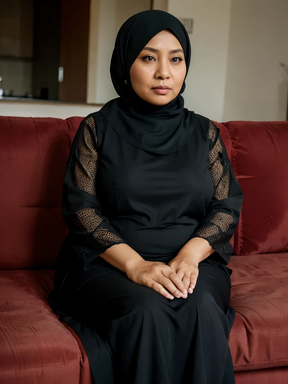woman wearing a black hijab from Indonesia, 60 years old, fat, kebaya, sitting on the sofa