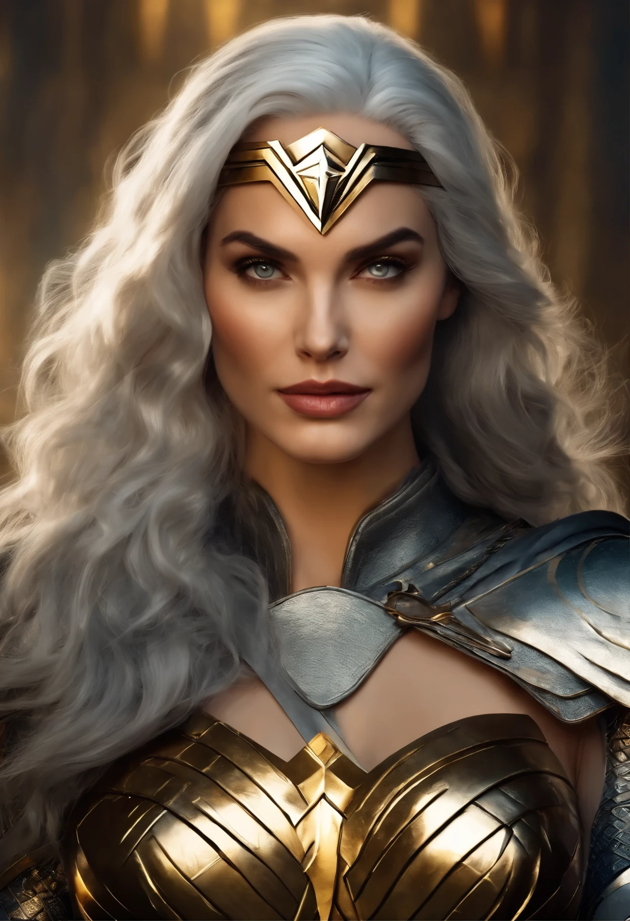 Wonder Woman with green pupils, long bluish white hair, confident expression, wearing beautiful silver armor with golden patterns all over the armor, exuding a dark yellow glow, In the background, a medieval castle
