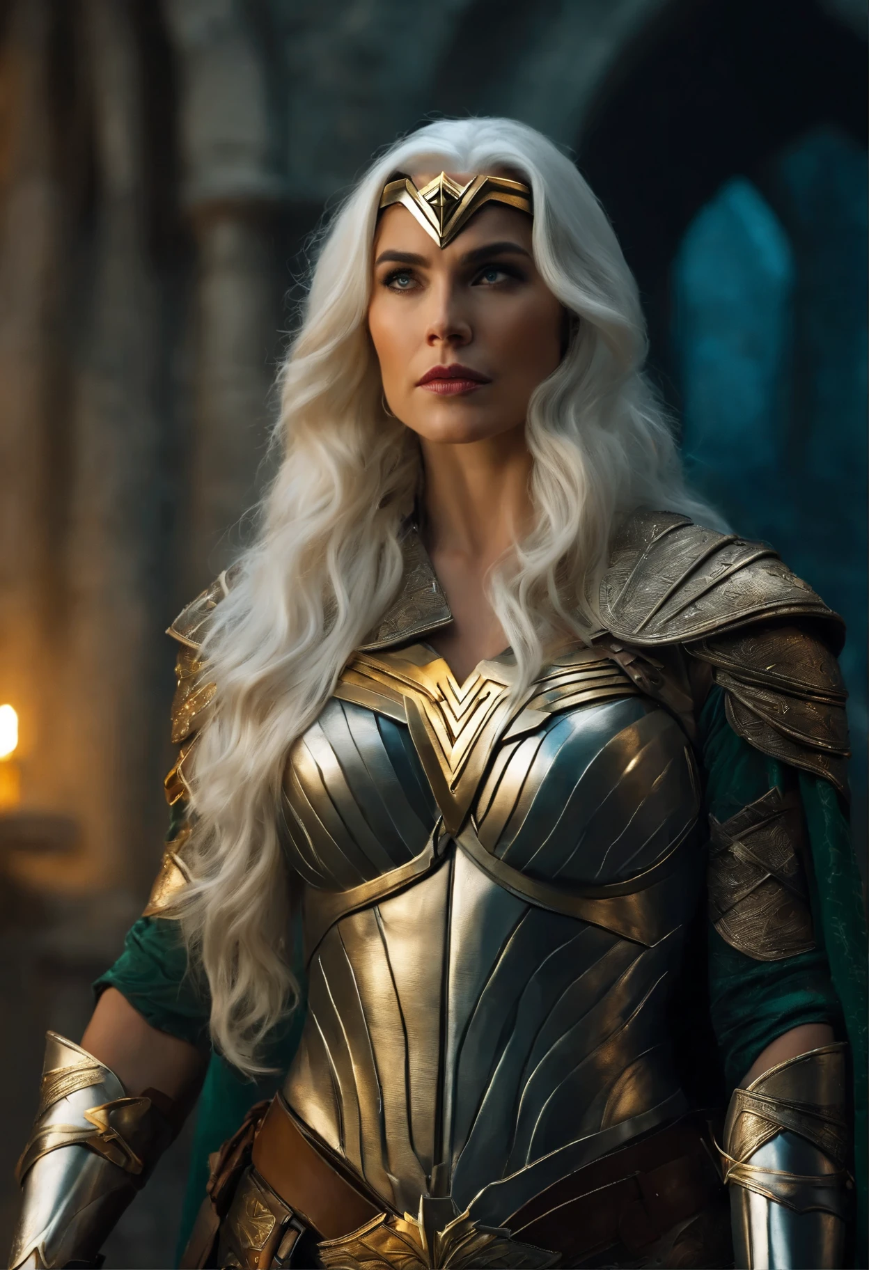 Wonder Woman with green pupils, long bluish white hair, confident expression, wearing beautiful silver armor with golden patterns all over the armor, exuding a dark yellow glow, In the background, a medieval castle
