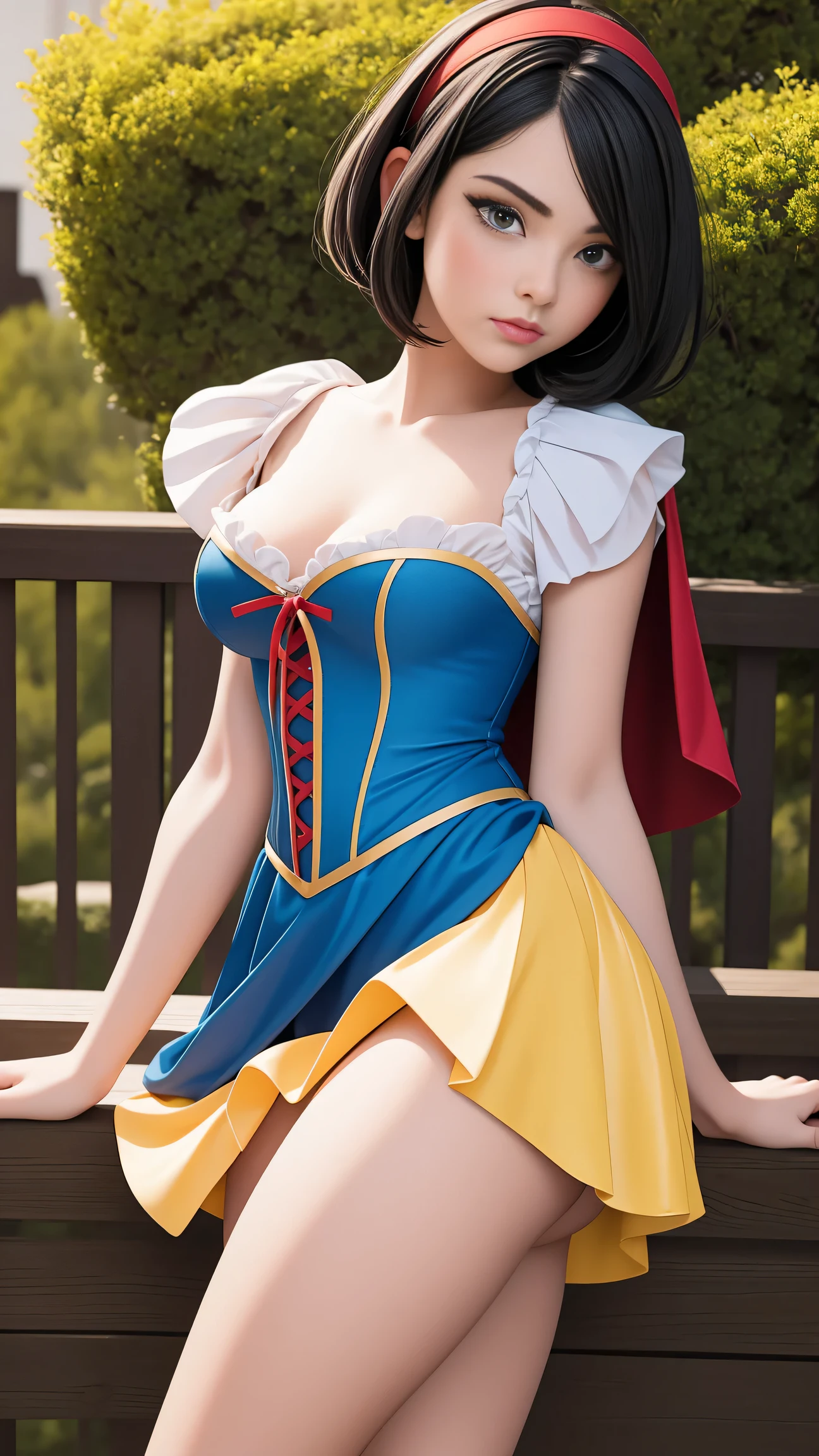 Beautiful  woman, wearing snow white cosplay, blue silk corset, red silk cape, yellow silk pleated skater skirt, , short black bob hair, red hairband,  large breasts, , masterpiece, photorealistic, amazing detailed face, pale skin, boots