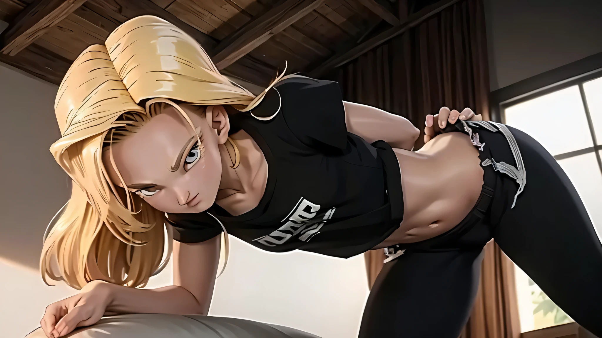 Cor de cabelo claro、uma loira、olhos de verd、de pele branca、fotos realistaesa, melhor qualidade,, absurdo, Linda Androide 18、.....Bd, Sozinho, SEXO, legging , bolsa de cinto, coletes,camisetas、colar, legging, pedra, volumetric lighting, melhor qualidade, mesa, detalhes intrincados, mapeamento de tom, sharp focus, hiper detalhado, silhuetas fluidas, shorts de esporte, camisas e blusas transparentes, asymmetric, geometric, Roupa de voleibol, Simple and minimalist accessories, Necklaces and thin rings of silver or gold, Pulseiras simples, Designs diferentes, silhuetas simples, estilo simples e sofisticado, elegance, minimalismo, materiais de alta qualidade, Gym printing, alta moda, Simplicity and sophistication, vermelho, Cor vermelha, sexy, NSFW, erotic, molhada, Musculoso, musculoso, fitness, Linda Androide 18, trends in art stations, Roupas danificadas, peitos para fora, Corpo fino, boa anatomia, Buttocks and curves,、uma pose、ao ar livre, academia, levantamento de pesos, ciberpunk, android 18