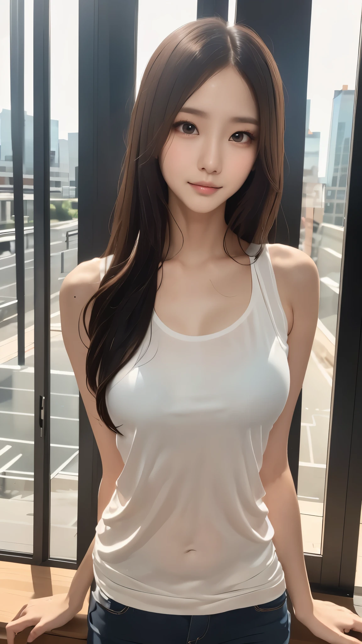 high quality picture, masutepiece, detailed hair texture, Detailed skin texture, Detailed Cloth Texture, 8K, Add fabric details, ultra detailed skin texture, ultra detailed photographic, Skin pores, Portrait of a girl, Wear a tank top, Add cloth details, High Ski...