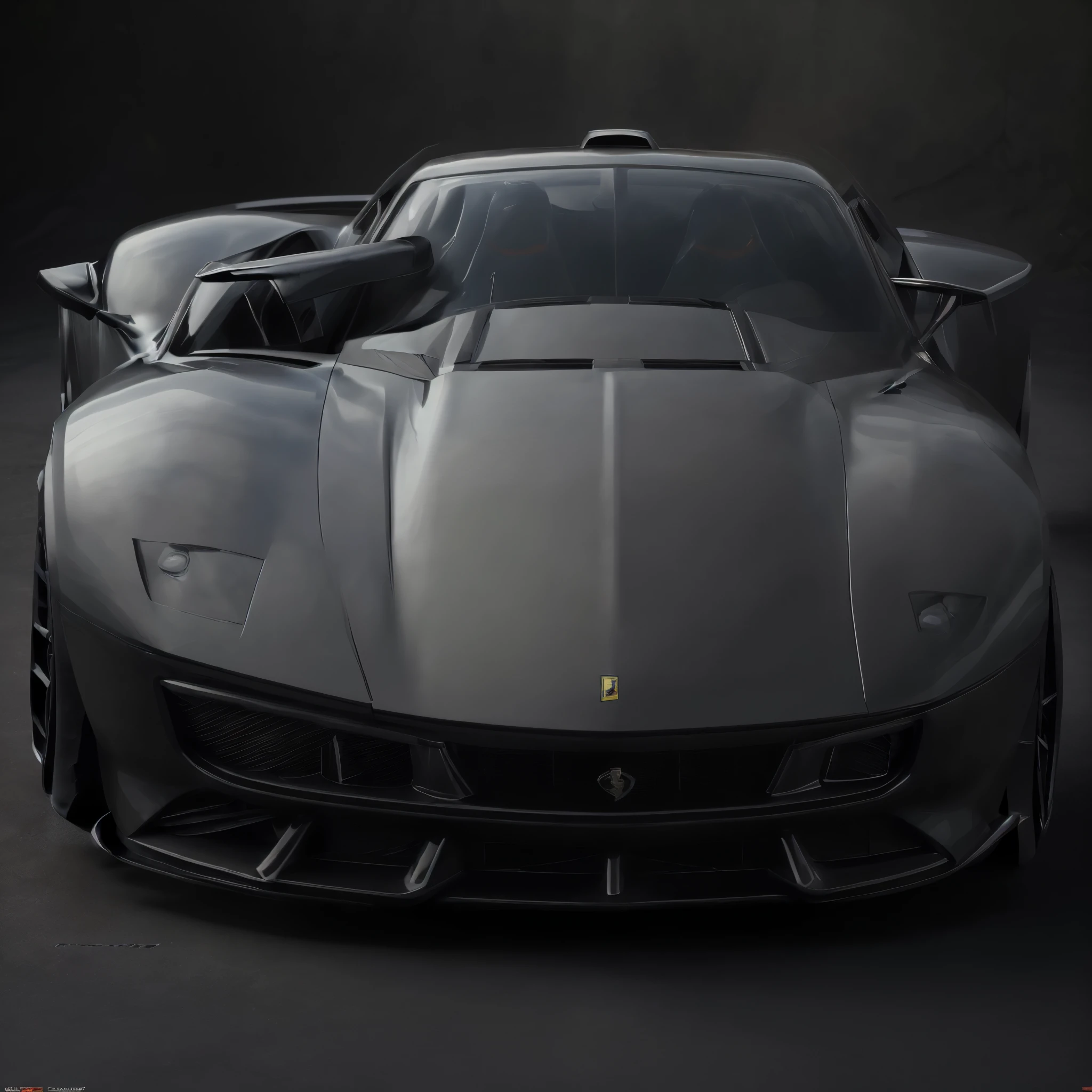 Black aerodynamic sports car, ((sleek design)), ((high performance)), shiny black exterior, ((smooth curves)), ((elongated hood)), ((tinted windows)), front view, ((dynamic pose, tilted angle)), ambient lighting, ((reflections on the surface)), ((sharp lines and edges)), ((racing stripes)), ((red trim accents, emblems, and badges)), ((tires screeching, smoke trails, high speed)), ((high resolution, 4k, cinematic, dramatic, most detailed rendition)), ((leading edge technology, carbon fiber body, advanced engineering)), ((iconic sports car brand, Ferrari, Lamborghini, Aston Martin)), ((