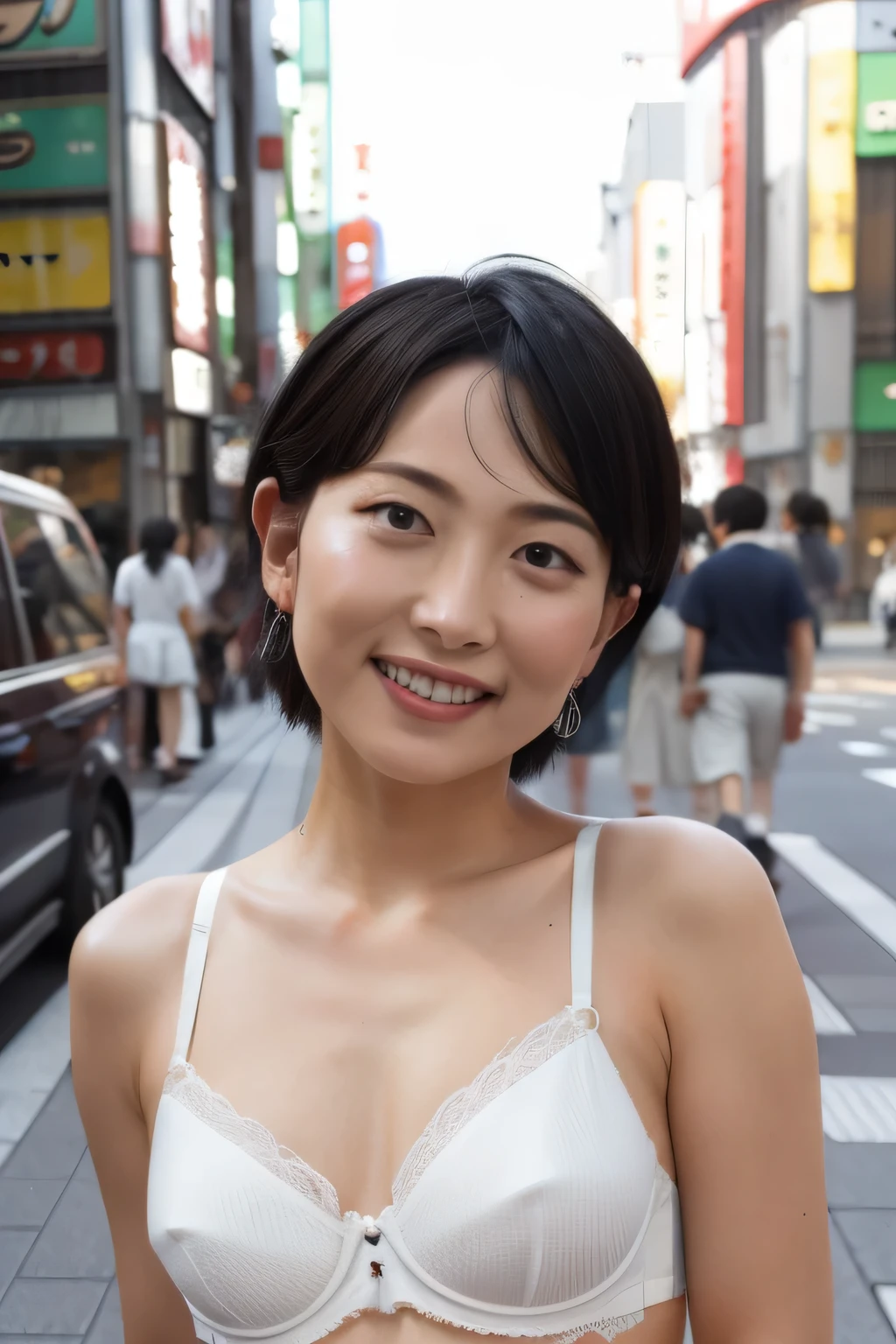 NSFW:1.3:((highest quality、8K resolution、master masterpiece、portrait:1.3)), Photoreal, 35mm film, mature woman:1.5,on the street during the day, wrinkles around the eyes,wrinkles around the mouth,short bob,((fancy white bra_panties:1.3)) , (outdoors_city street: 1.3), jumbled background,look at the audience,(Tokyo cityscape:1.3), whole body,smile