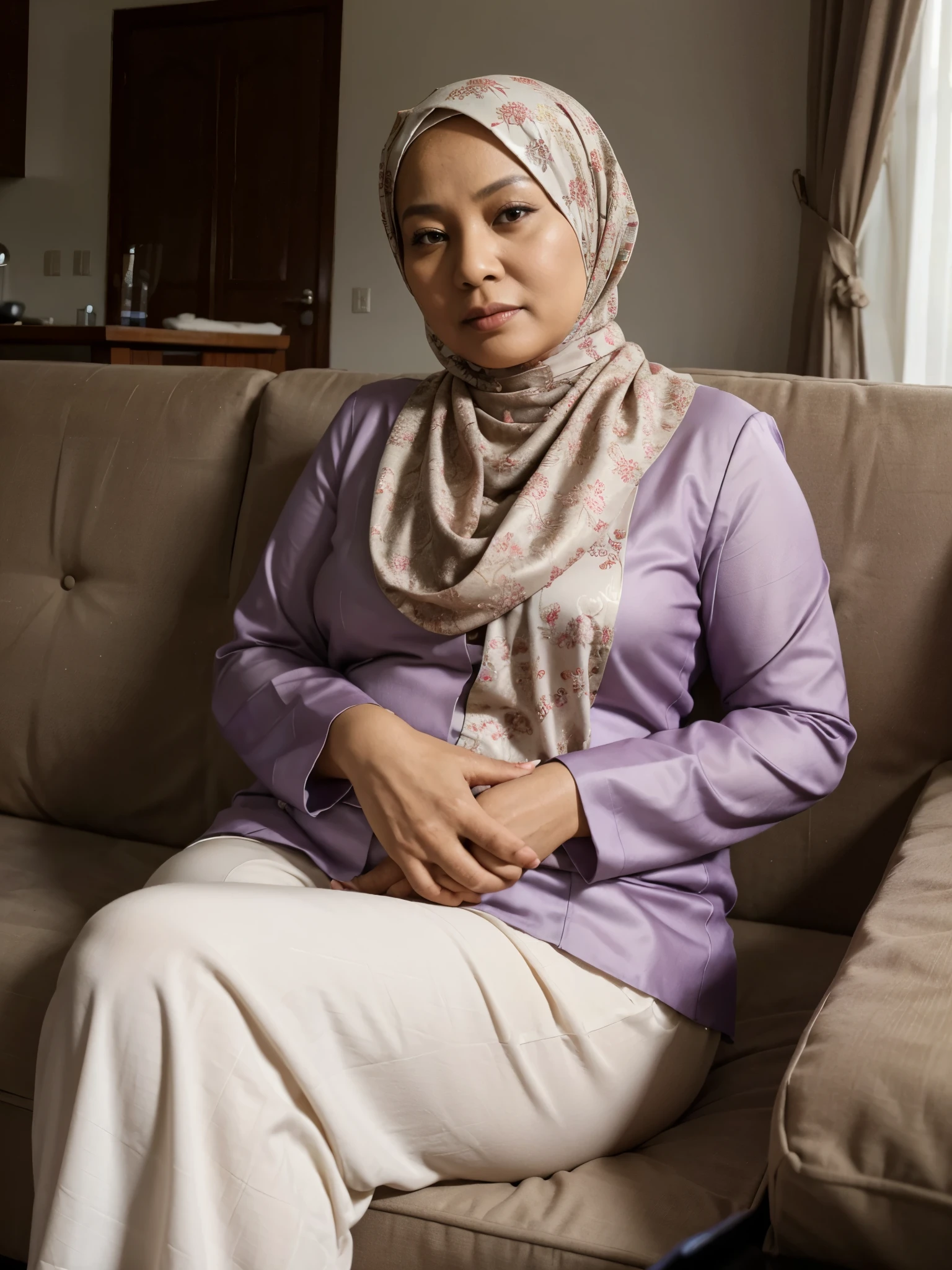 woman wearing a hijab from Indonesia, 60 years old, fat, kebaya, sitting on the sofa