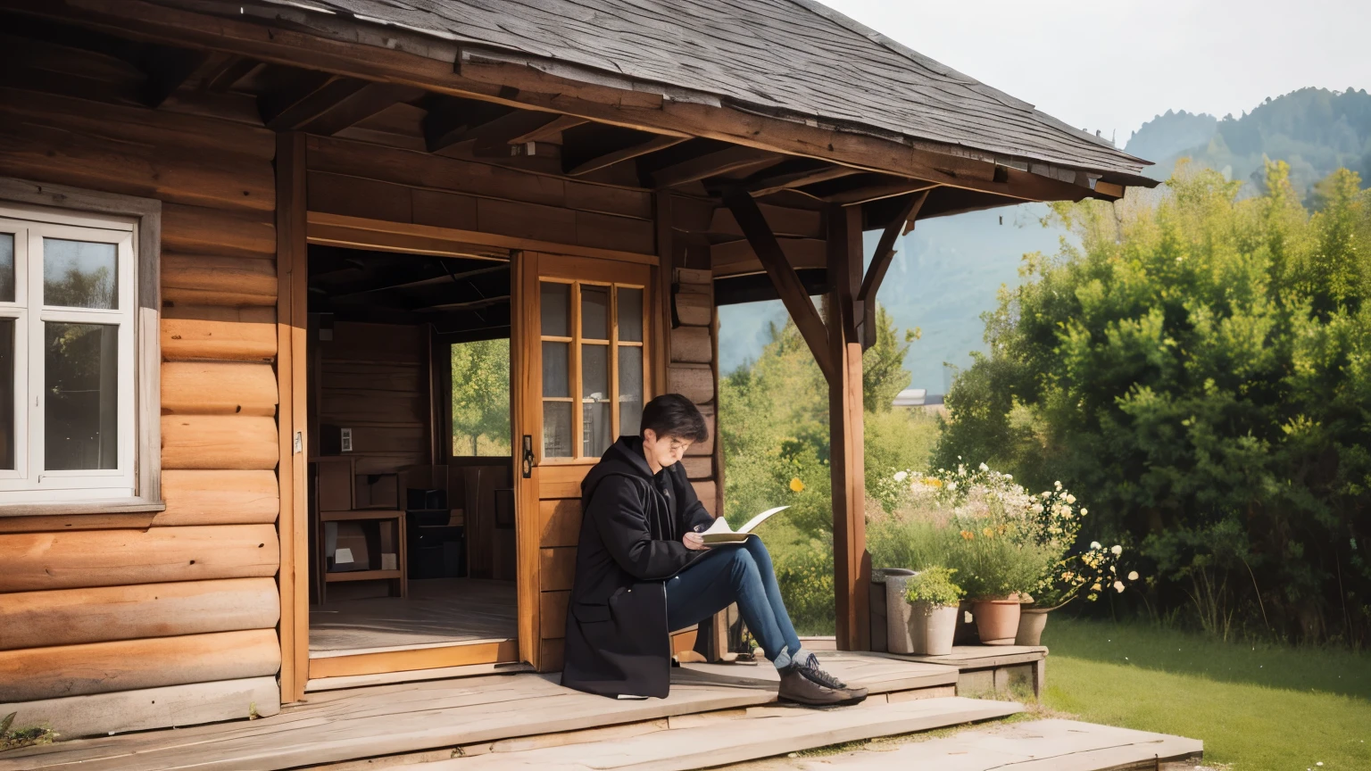 1 man, 20 years old, sitting and writing, Focus on writing a book, The background is a wooden house., old coat,