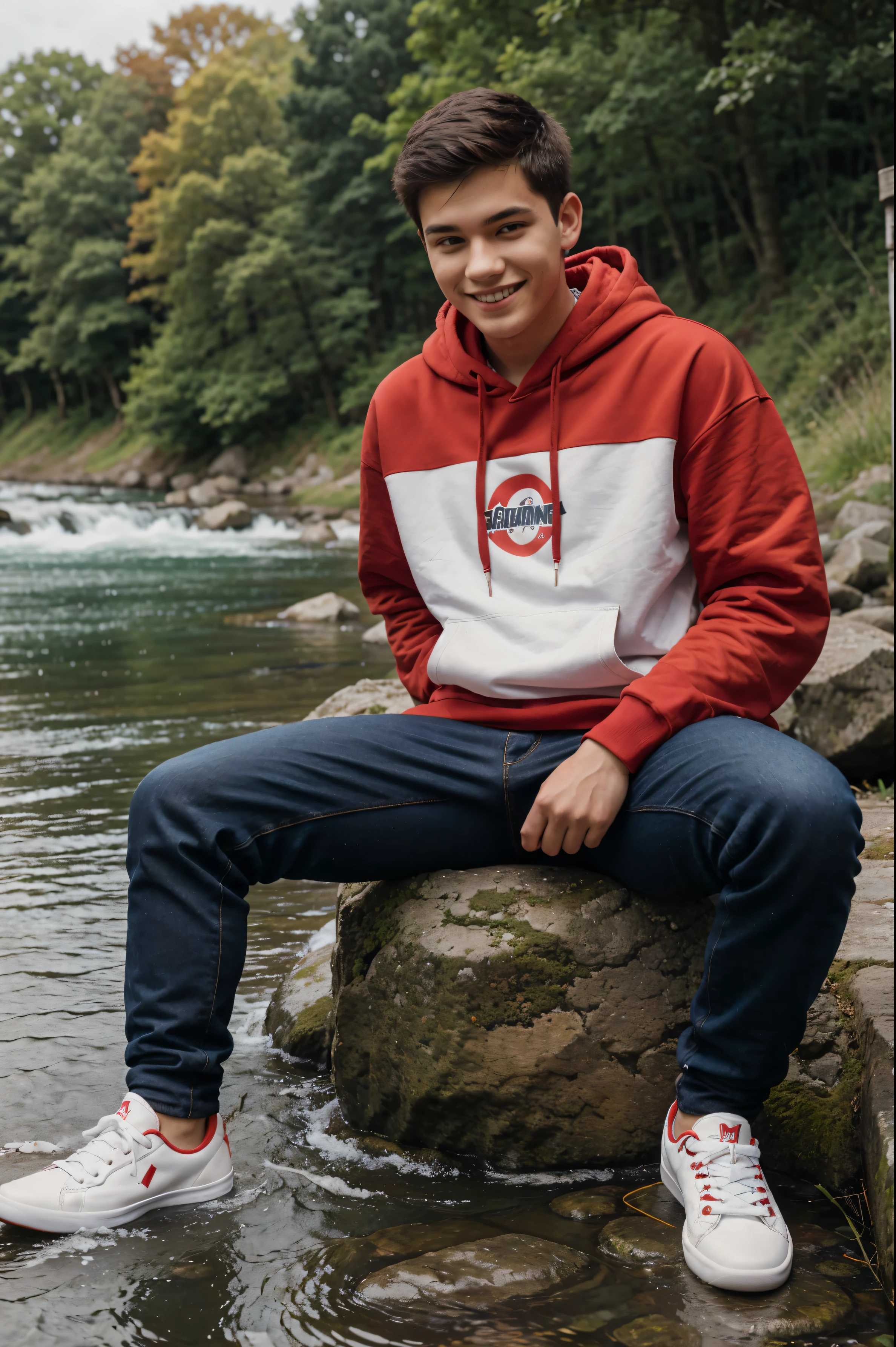 20 year old boy , wearing a red hoodie and black jeans with sneakers , looking directly into camera with a smile , he is sitting on a chair near a clear flowing river